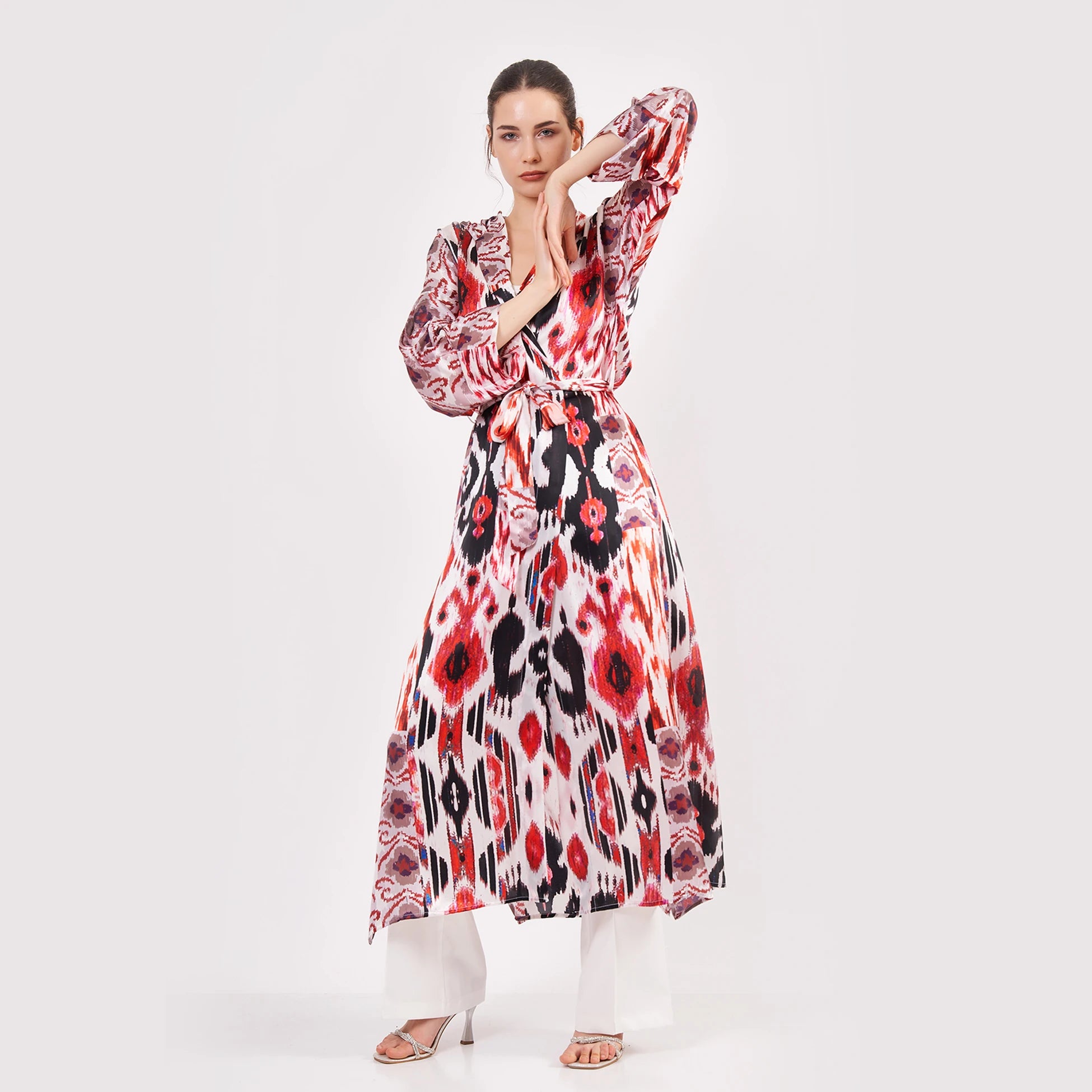 Saf İpek Kapüşonlu Kimono Kaftan İkat Desen 18 | Nomads Felt