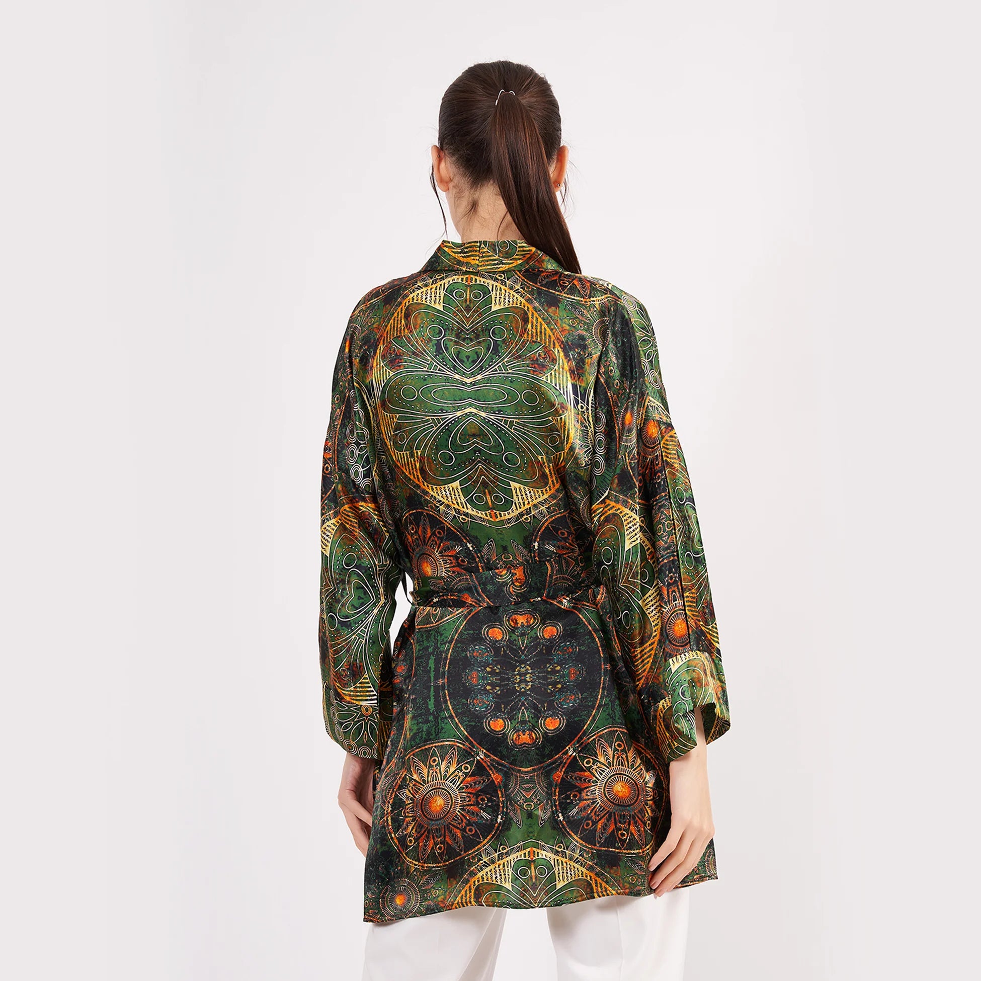 Saf İpek Kısa Kimono Kaftan | Mandala Desen 5 Haki | Nomads Felt