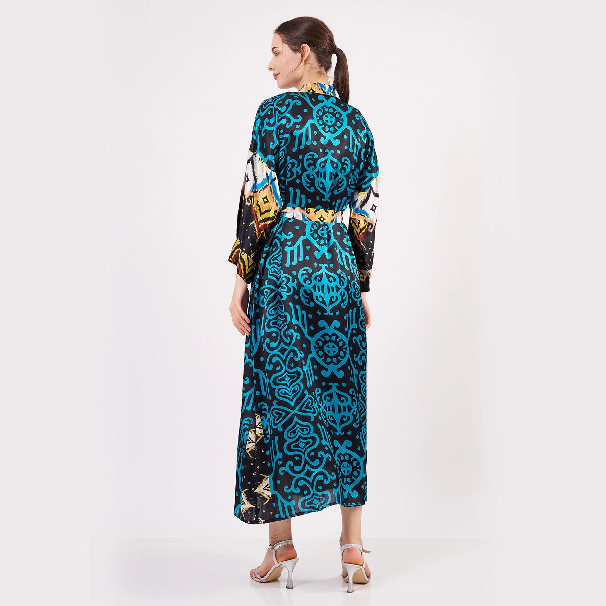 %100 İpek Uzun Kimono Kaftan | İkat Desen Turkuaz | Nomads Felt