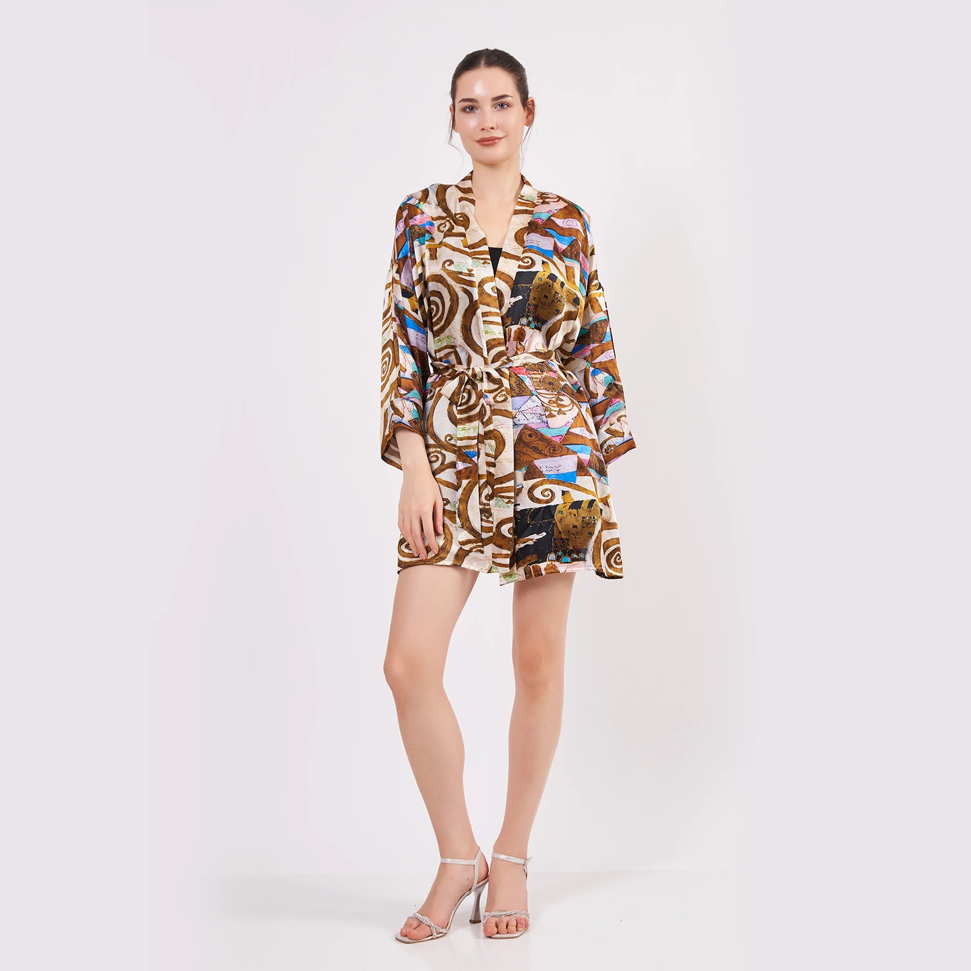 Saf İpek Kısa Kimono Kaftan | Gustav Klimt Expectation | Nomads Felt