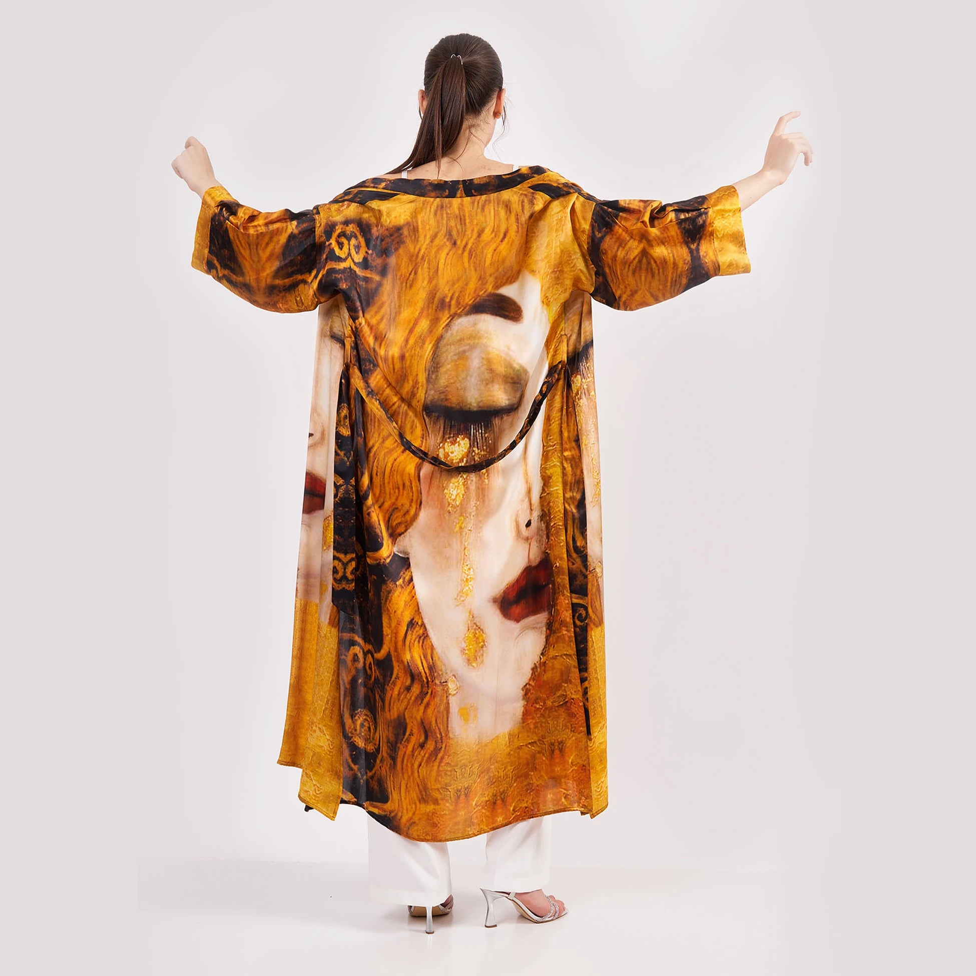 Saf İpek Uzun Kimono Kaftan | Freya's Tears - Altın Gözyaşları | Nomads Felt