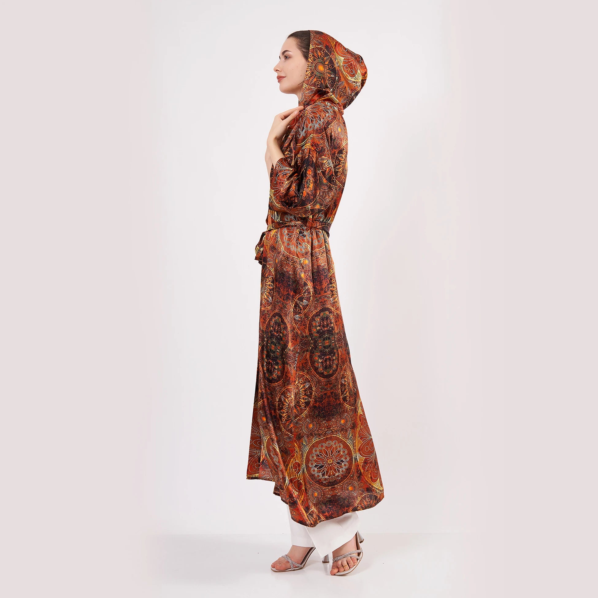 İpek Kapüşonlu Kimono Kaftan | Mandala Desen Kahverengi | Nomads Felt