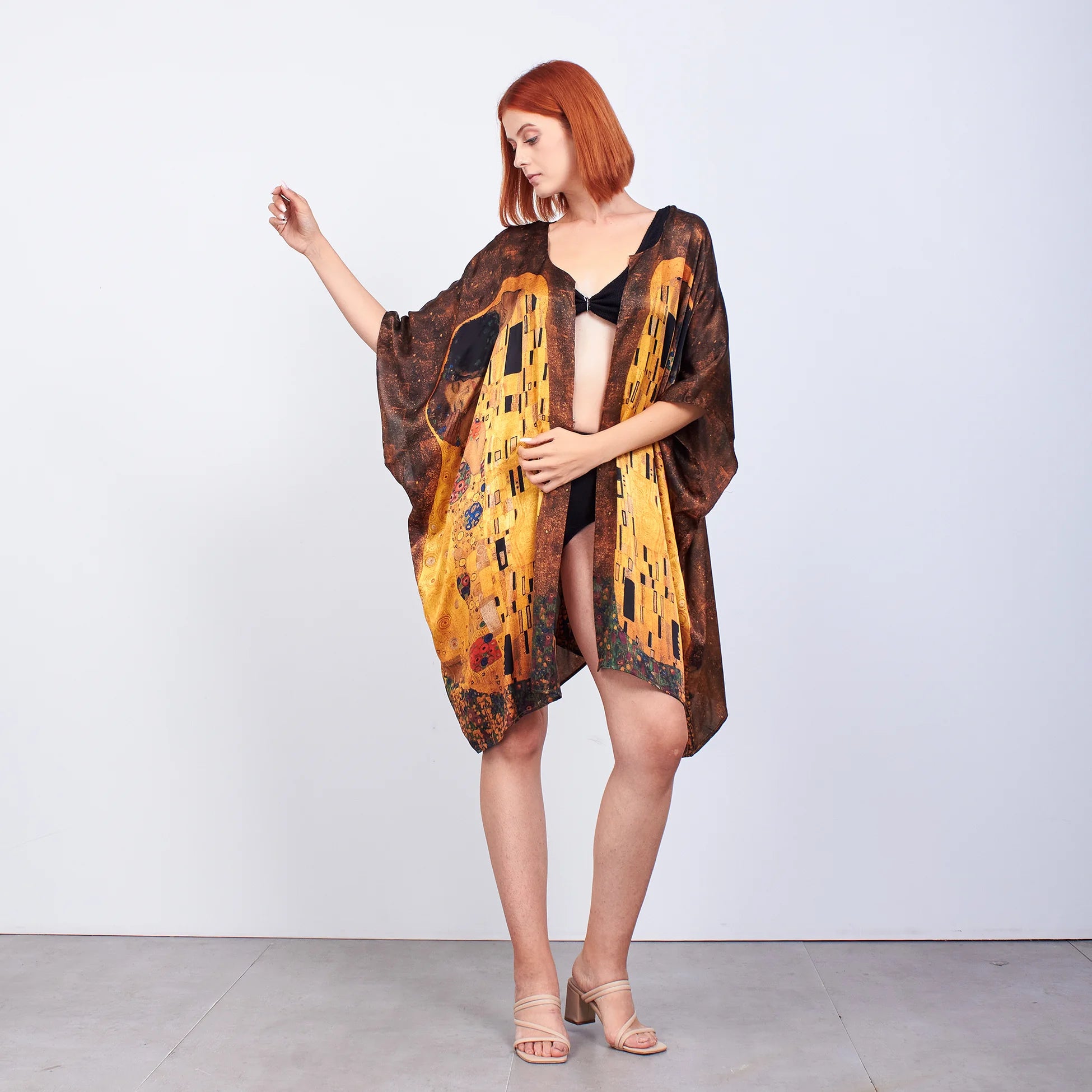 %100 İpek Kısa Kimono Pareo | Gustav Klimt The Kiss | Nomads Felt