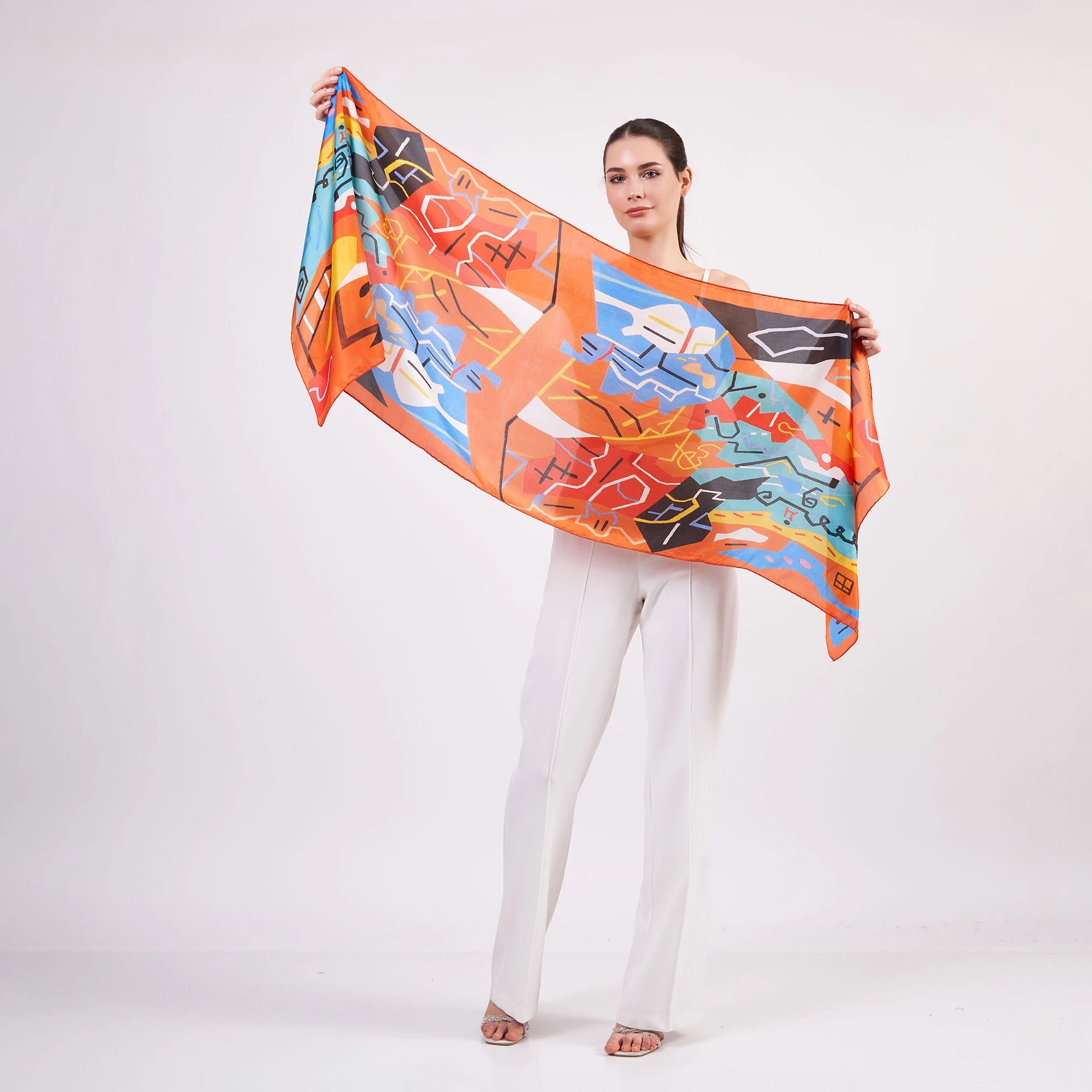 Vual İpek Fular | 55x180 cm | Turuncu Desenli | Nomads Felt