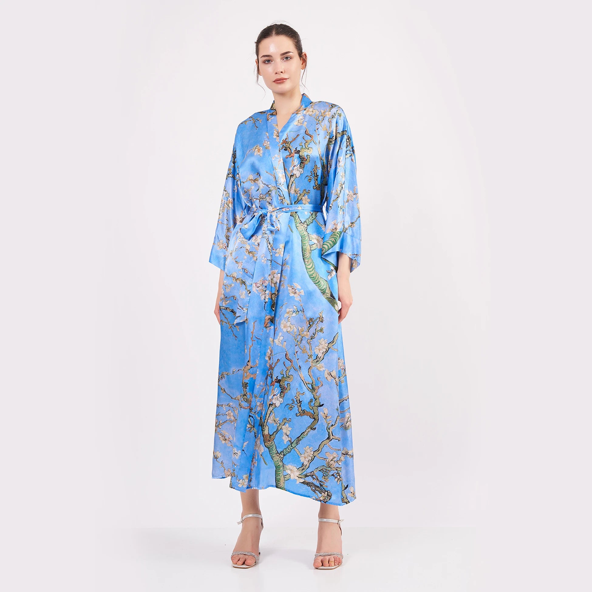 %100 İpek Kimono Kaftan | Mavi | Van Gogh Badem Ağacı | Nomads Felt