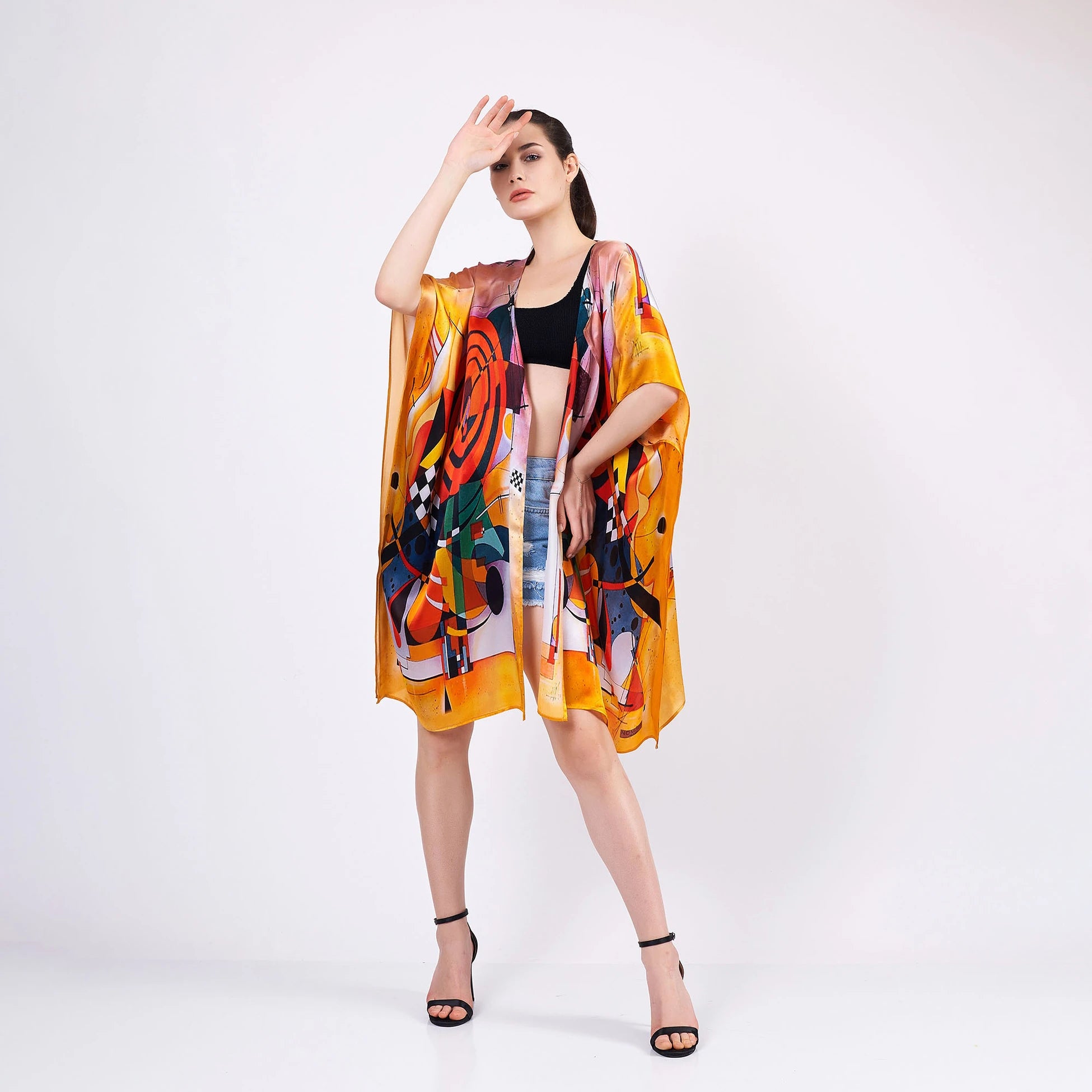 %100 İpek Kısa Kimono Pareo | Kandinsky Composition II | Nomads Felt