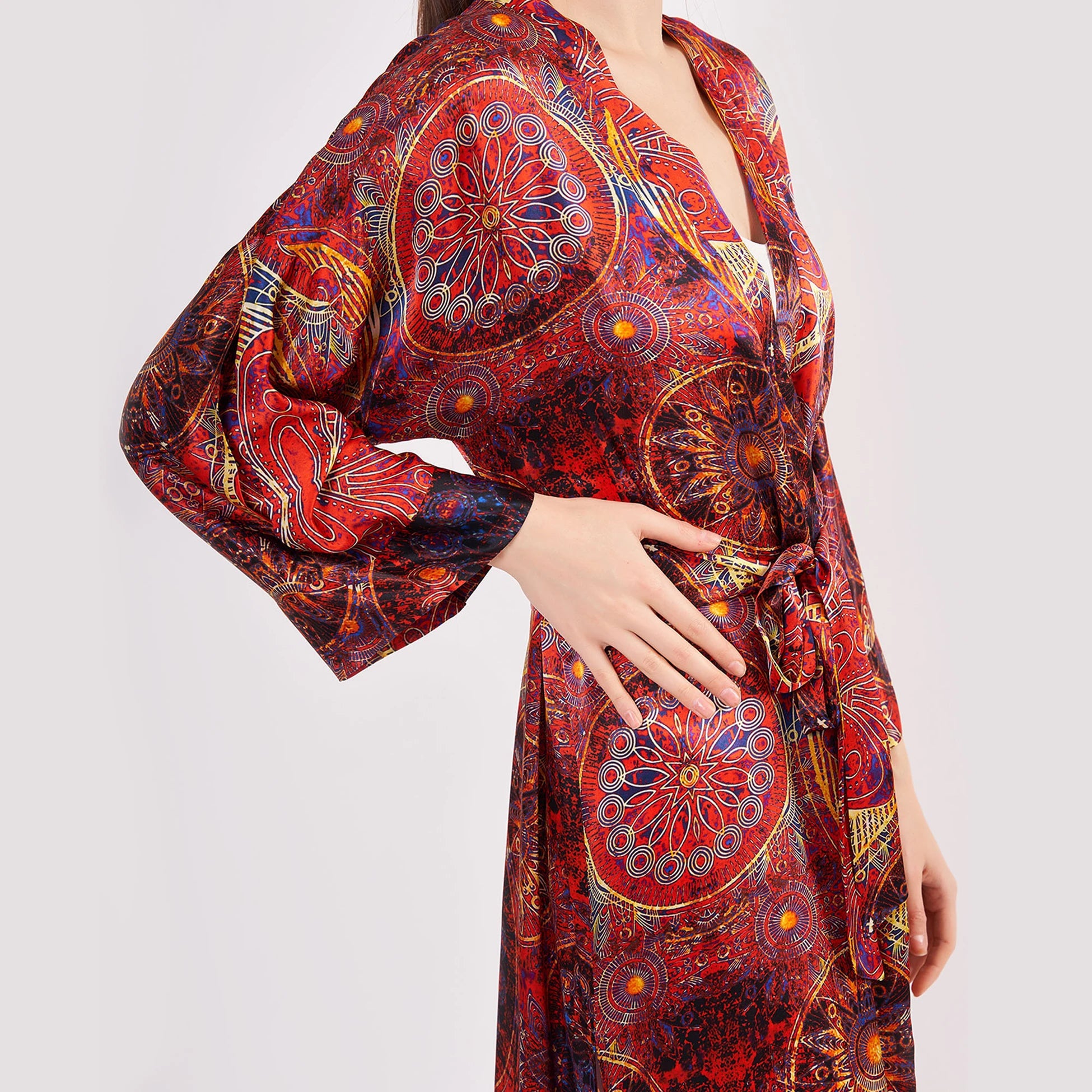 %100 İpek Kimono Kaftan | Kırmızı Mandala Desen | Nomads Felt