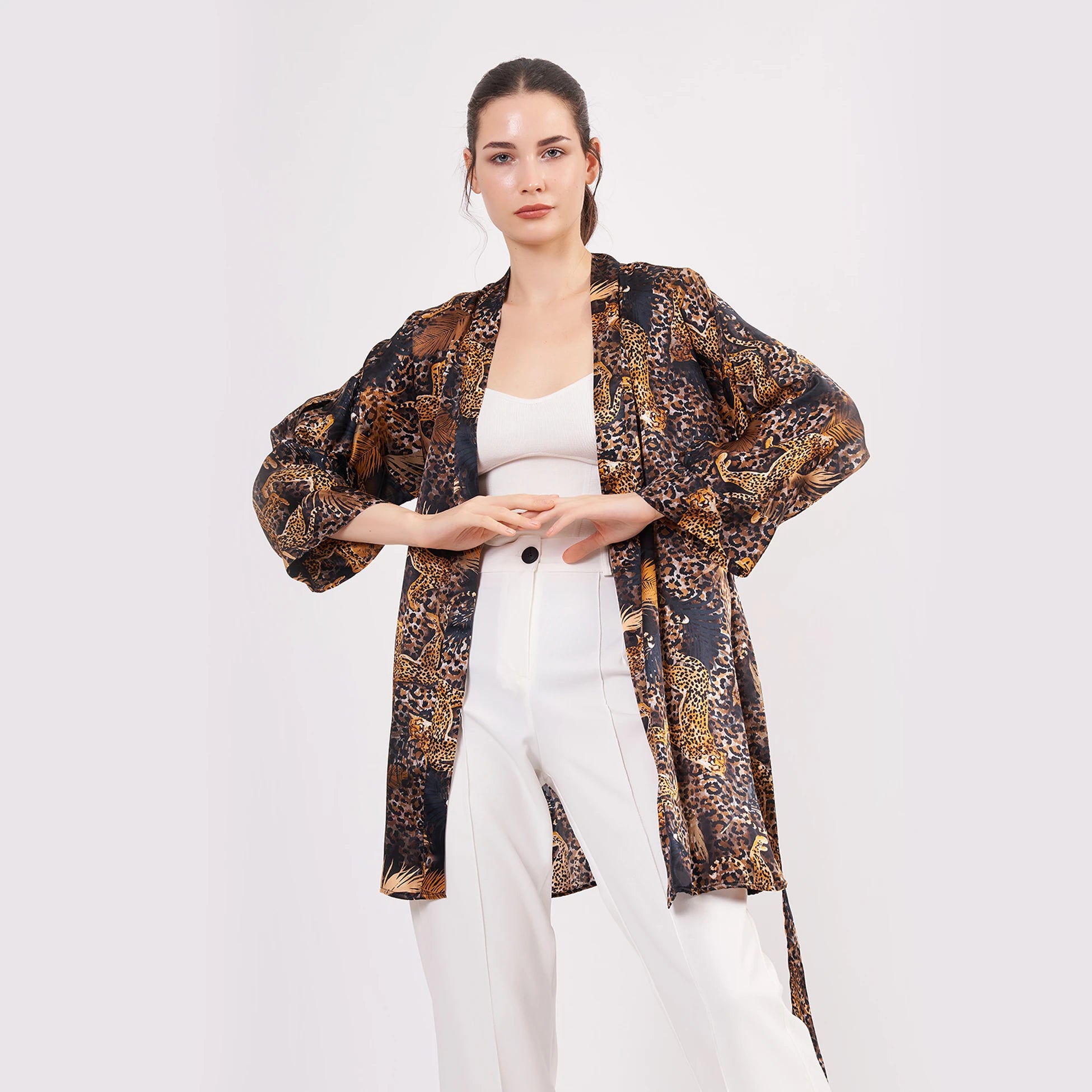 Saf İpek Kısa Kimono Kaftan | Leopar Desen | Nomads Felt