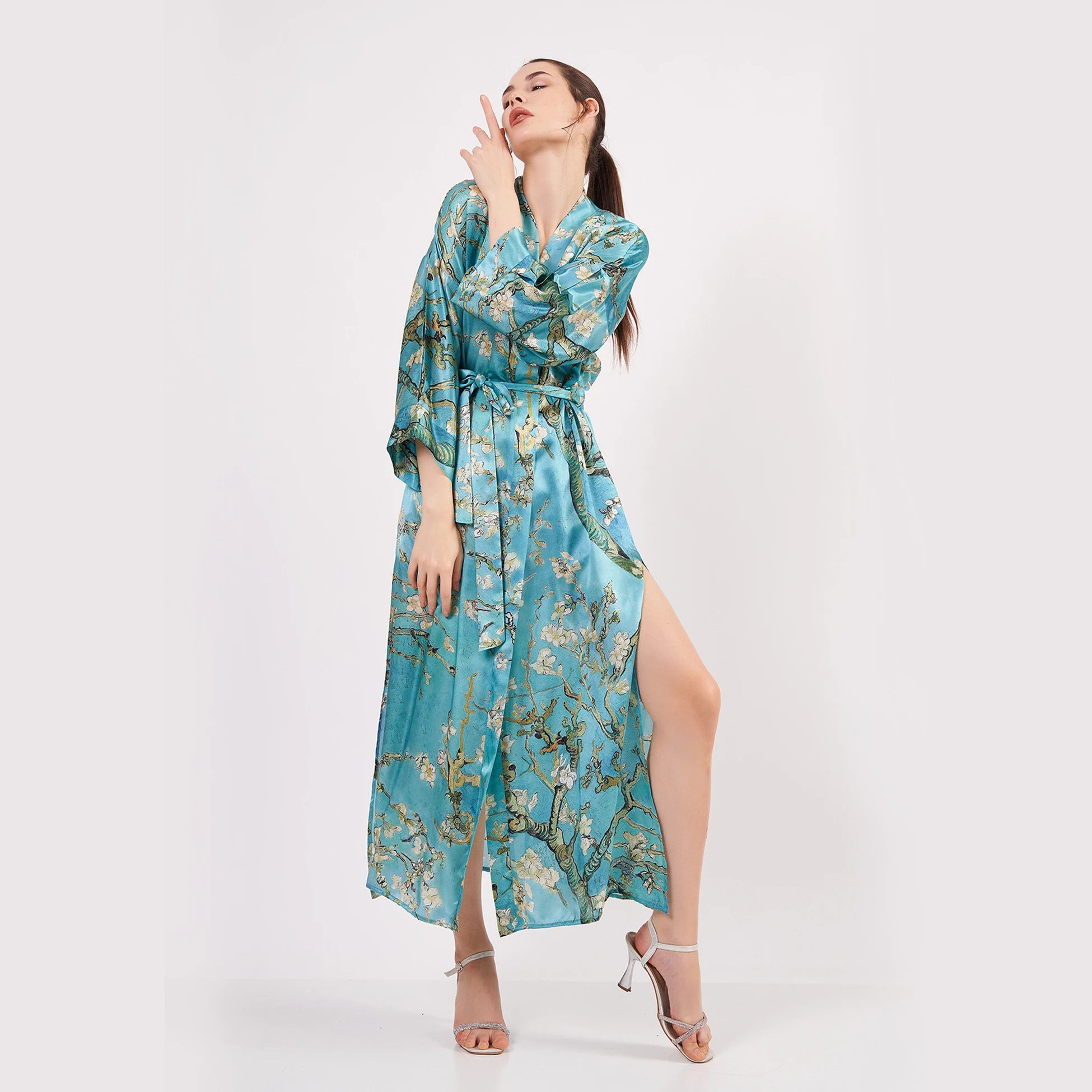 %100 İpek Uzun Kimono Kaftan | Turkuaz | Van Gogh Badem Ağacı | Nomads Felt