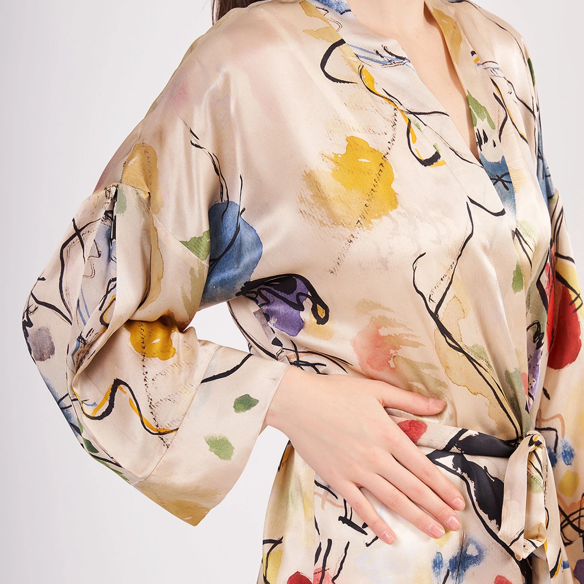 Saf İpek Kısa Kimono Kaftan | Kandinsky Composition | Nomads Felt