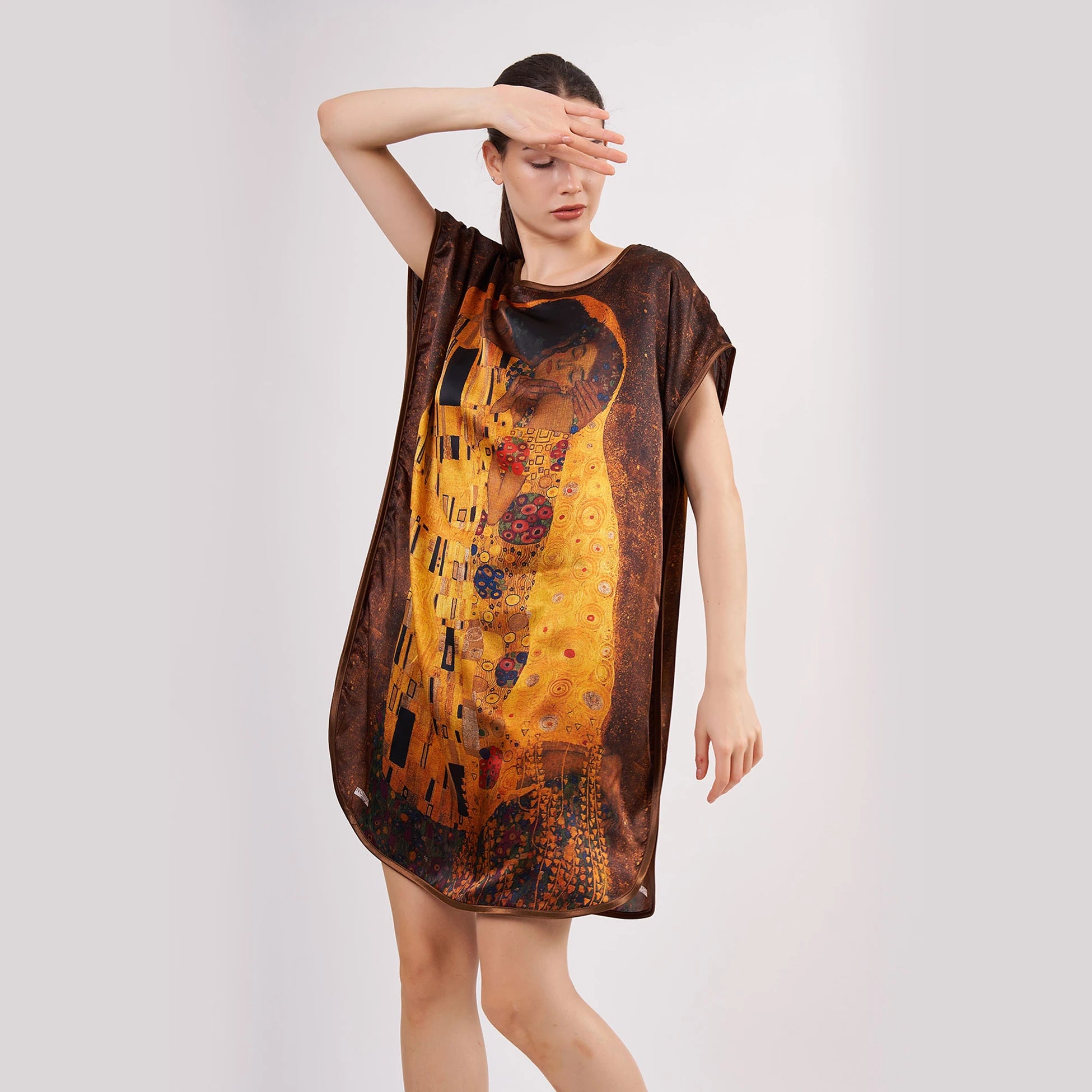 %100 İpek Kısa Elbise | Gustav Klimt The Kiss | Nomads Felt