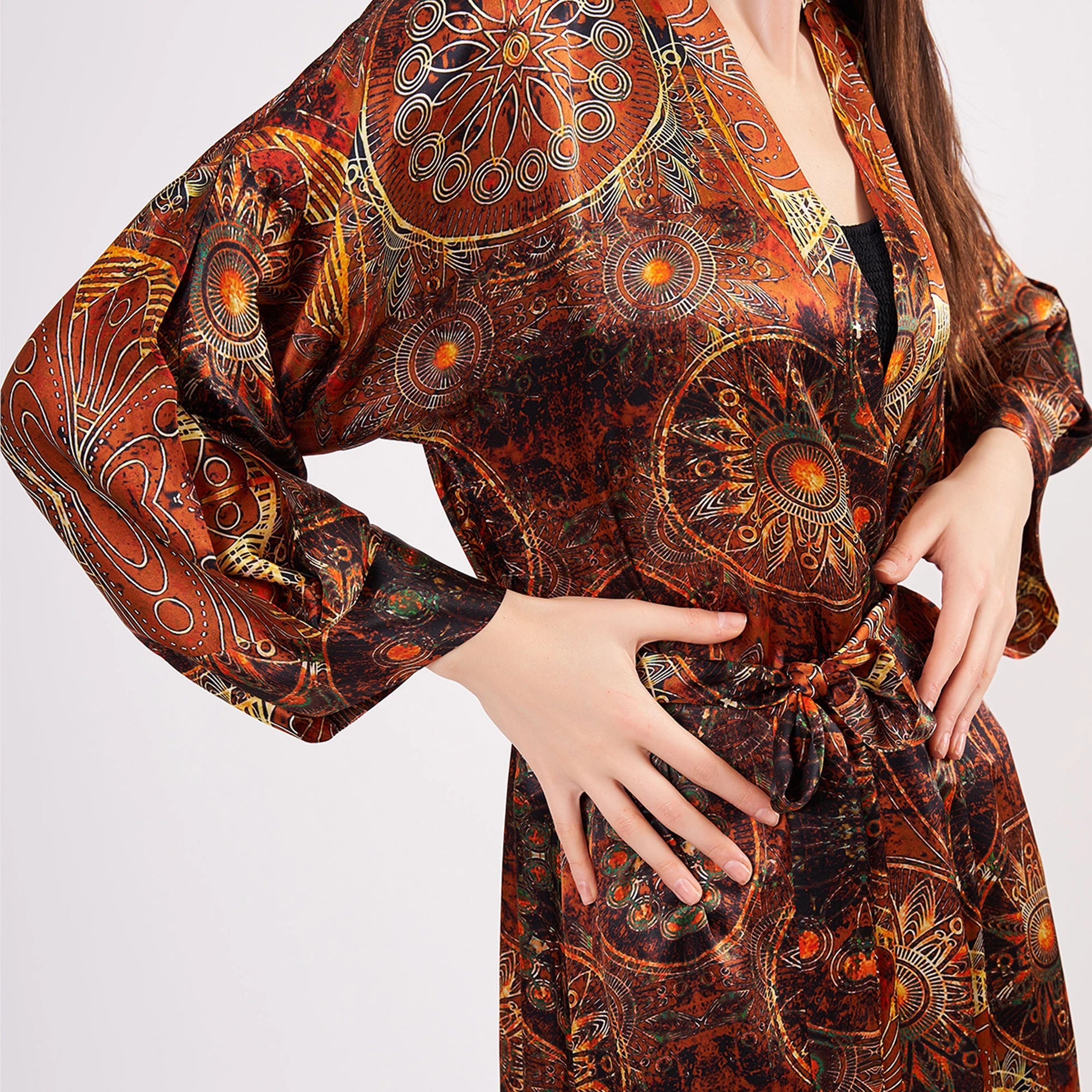 Saf İpek Uzun Kimono Kaftan | Kahverengi Mandala Desen | Nomads Felt