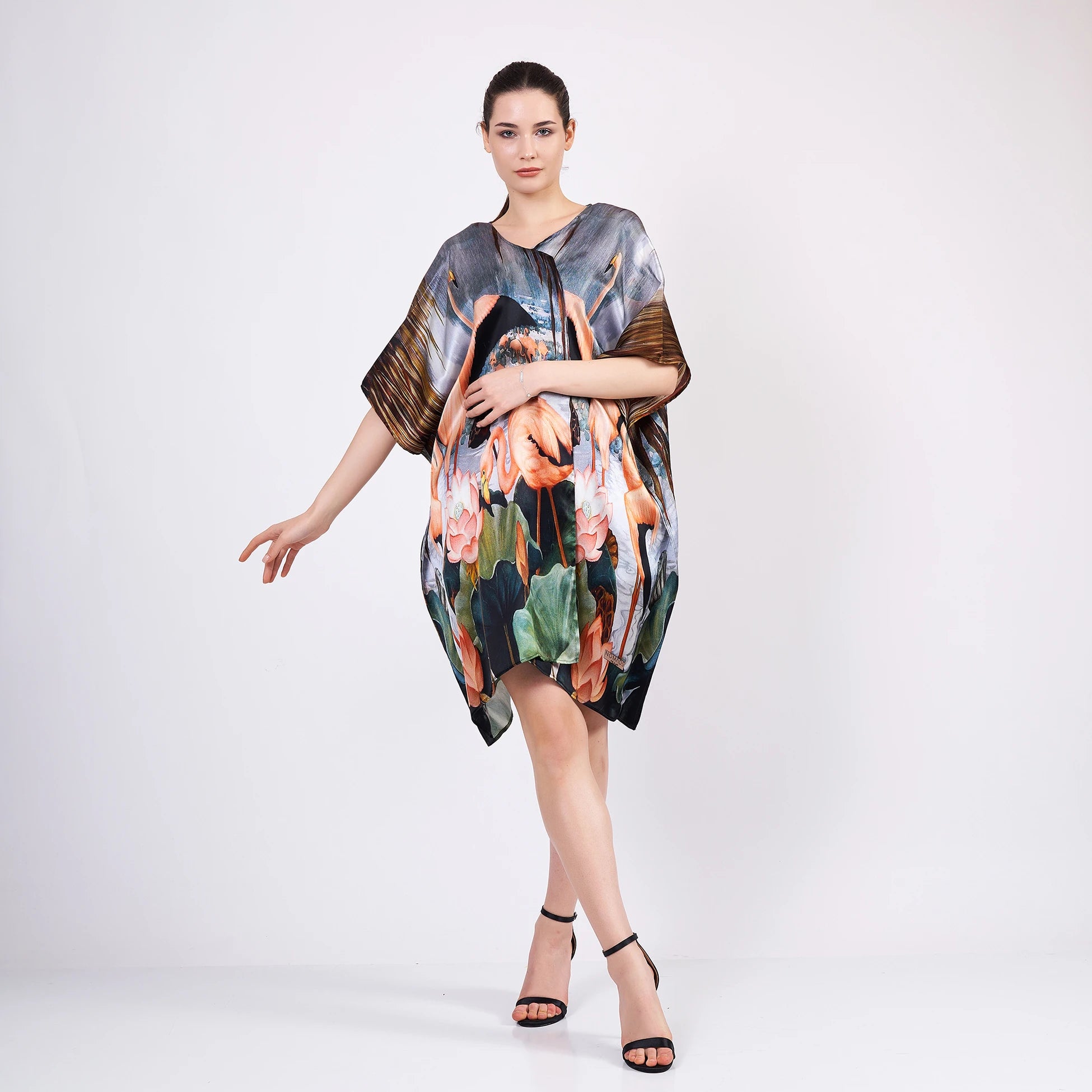 %100 İpek Kısa Kimono Pareo | Flamingo Desen | Nomads Felt