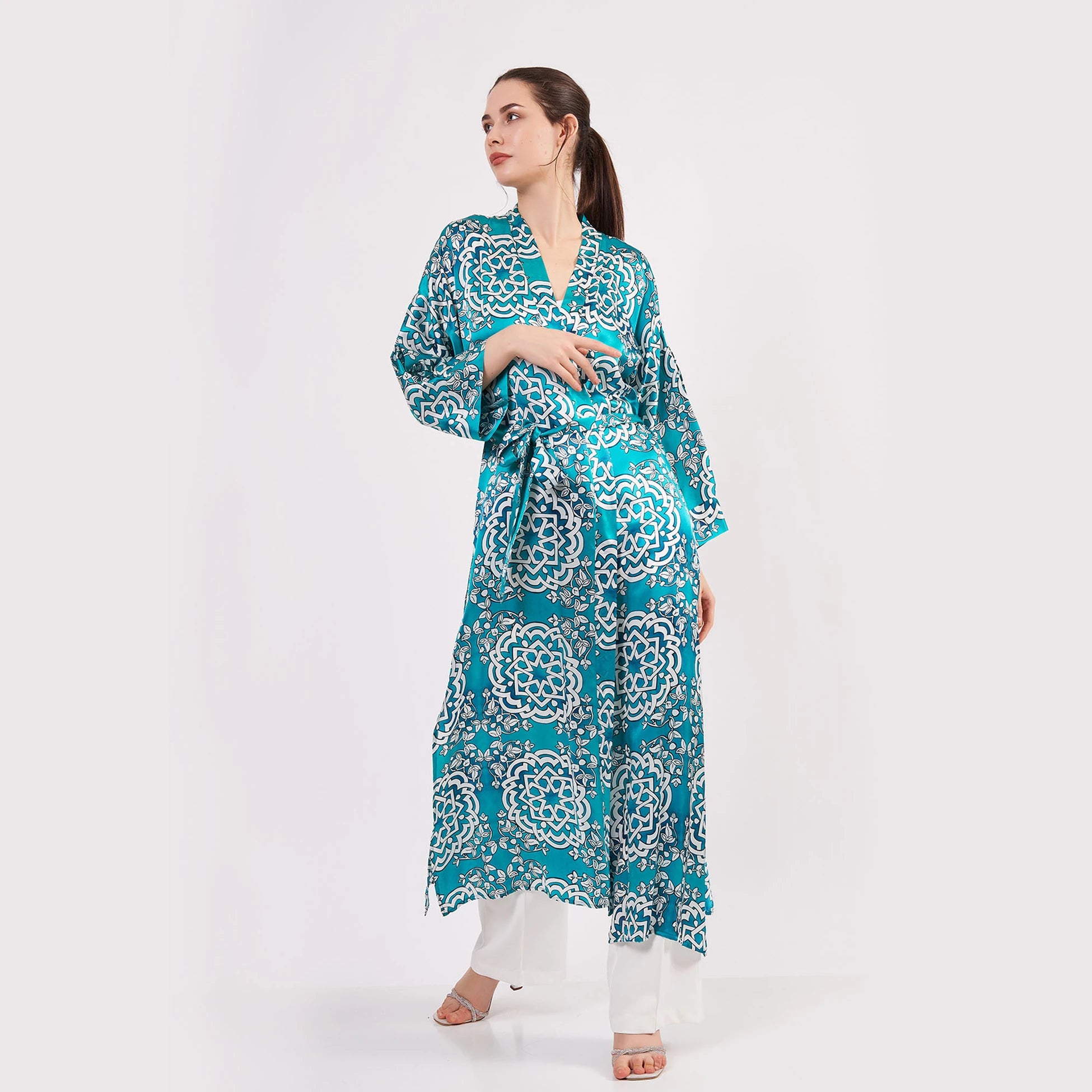 Saf İpek Uzun Kimono Kaftan | Çini Desen Turkuaz | Nomads Felt