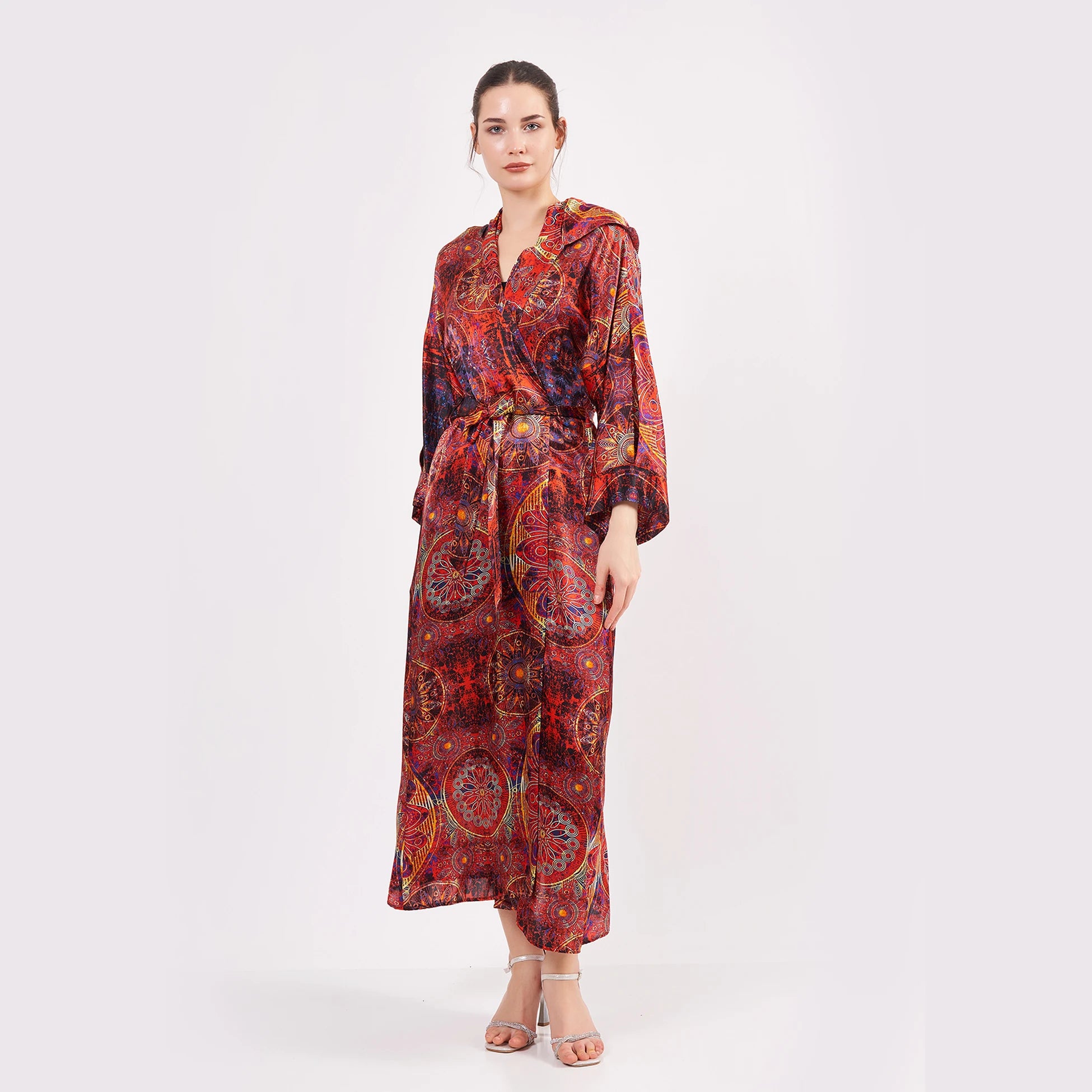 Saf İpek Kapüşonlu Kimono Kaftan | Mandala Desen Kırmızı | Nomads Felt