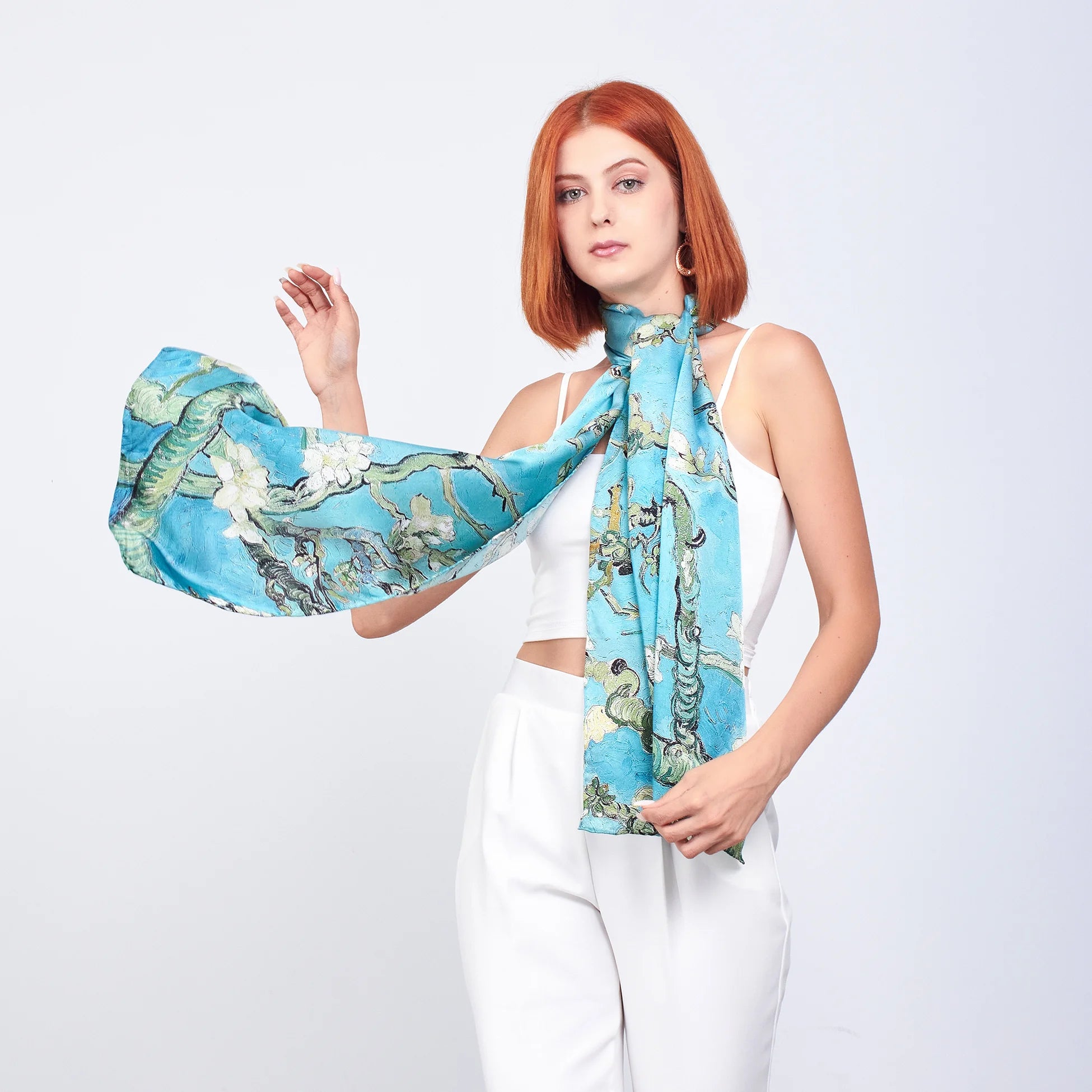 %100 İpek Fular | 55x180 cm | Turkuaz Van Gogh Badem Ağacı | Nomads Felt