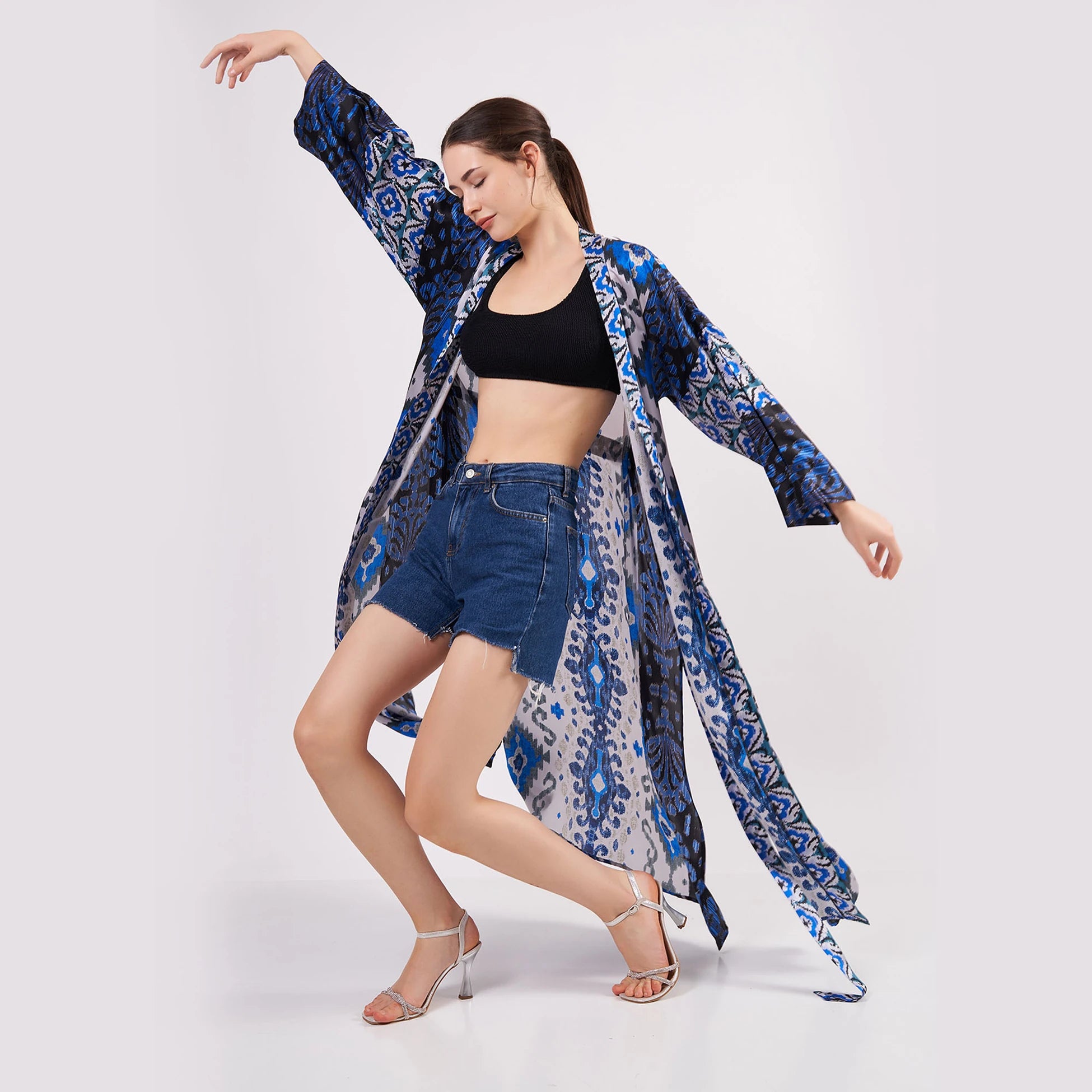 %100 İpek Uzun Kimono Kaftan | Ikat Desen Koyu Mavi | Nomads Felt