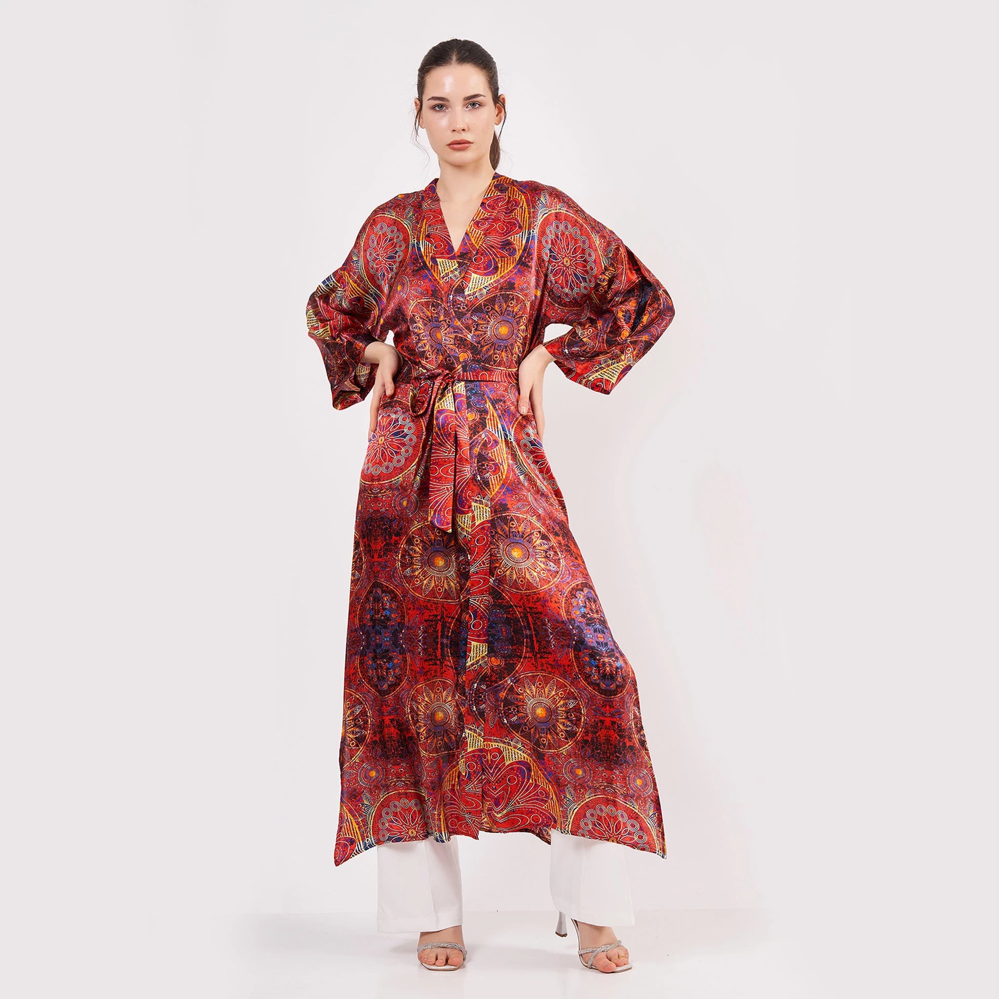 %100 İpek Kimono Kaftan | Kırmızı Mandala Desen | Nomads Felt