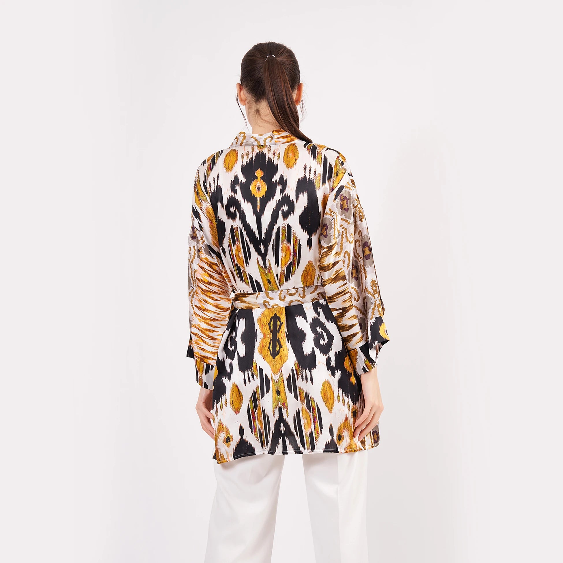 Saf İpek Kısa Kimono Kaftan | Ikat Desen 6 | Nomads Felt