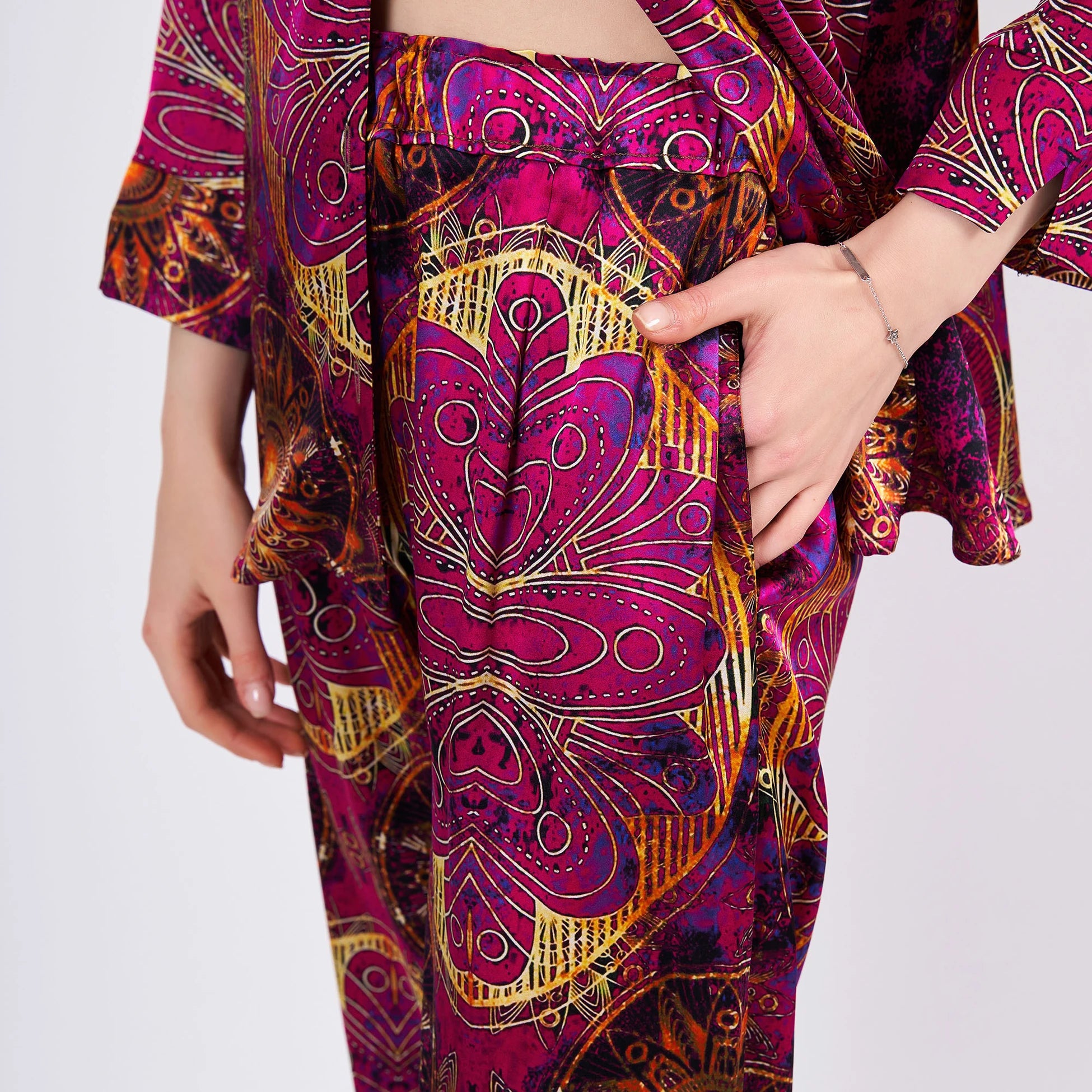 Saf İpek Gömlek-Pantolon-Pijama Takımı | Mandala Desen Fuşya | Nomads Felt