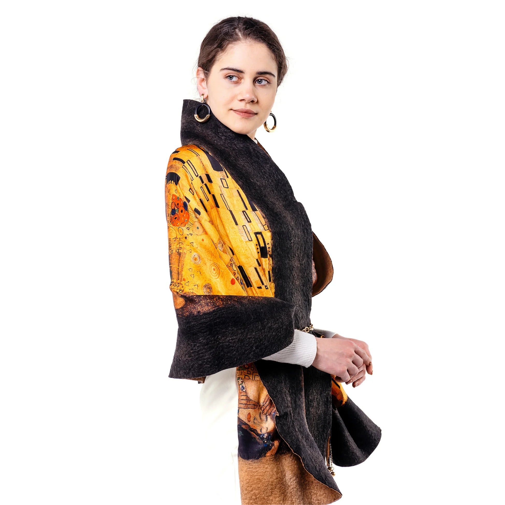 İpek Keçe Şal | Siyah Camel | Gustav Klimt The Kiss | Nomads Felt