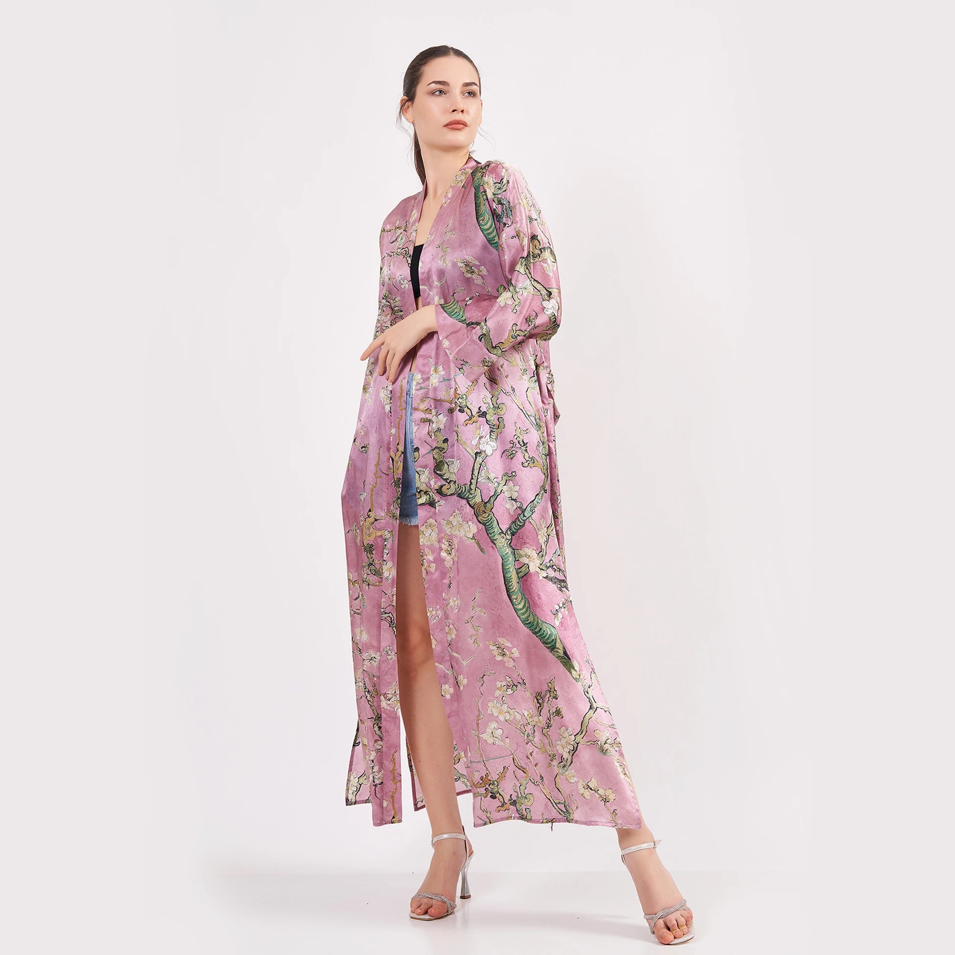 100% İpek Uzun Kimono Kaftan | Pembe | Van Gogh Badem Ağacı | Nomads Felt