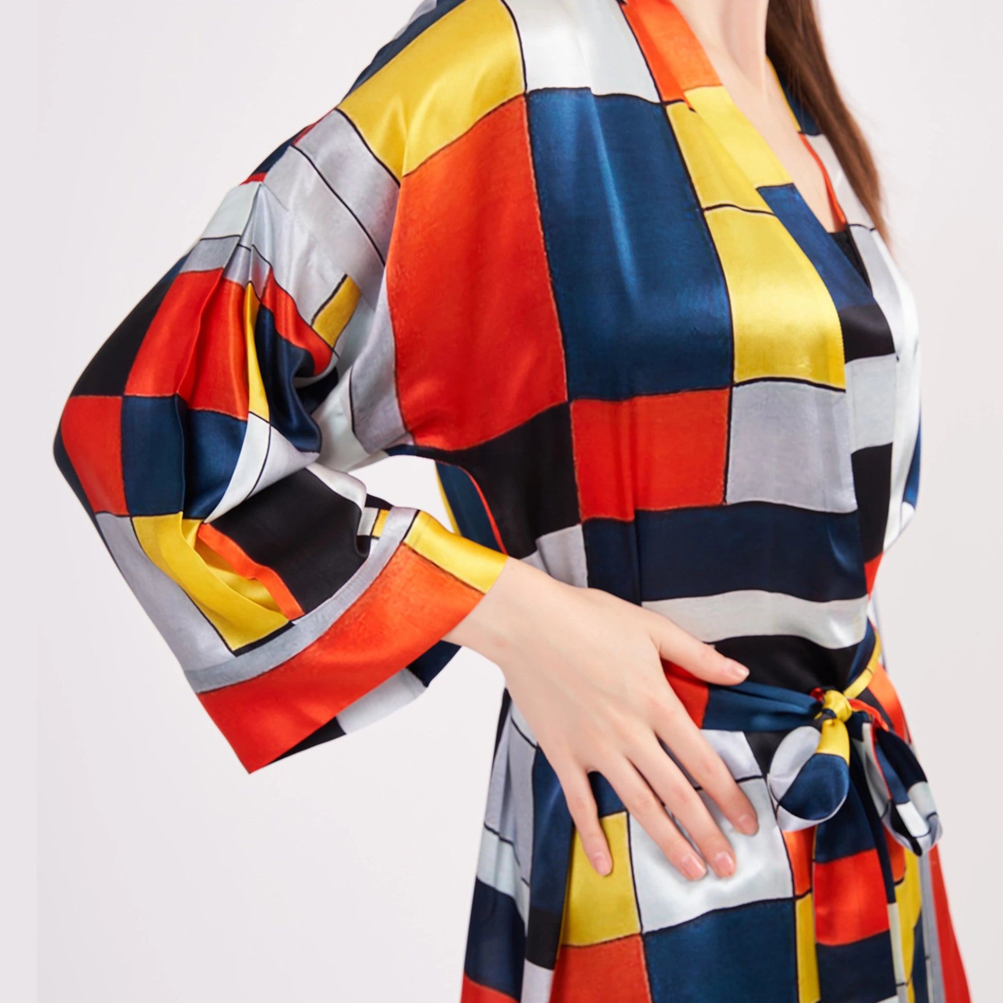 Saf İpek Kısa Kimono Kaftan | Geometrik Desen | Nomads Felt