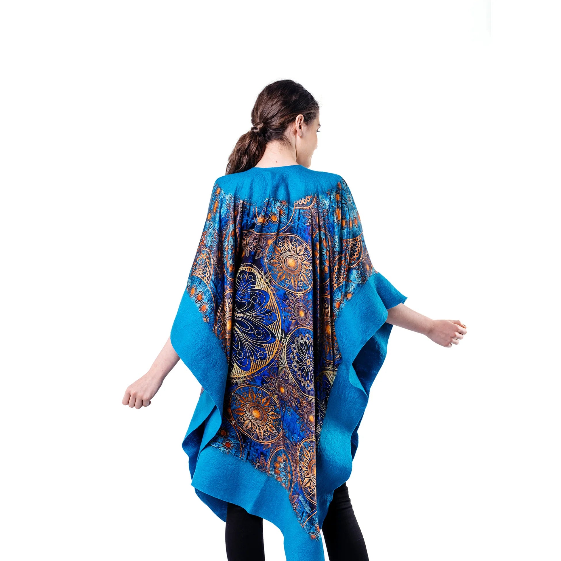 İpek Keçe Panço | Mavi Mandala Desen | Nomads Felt