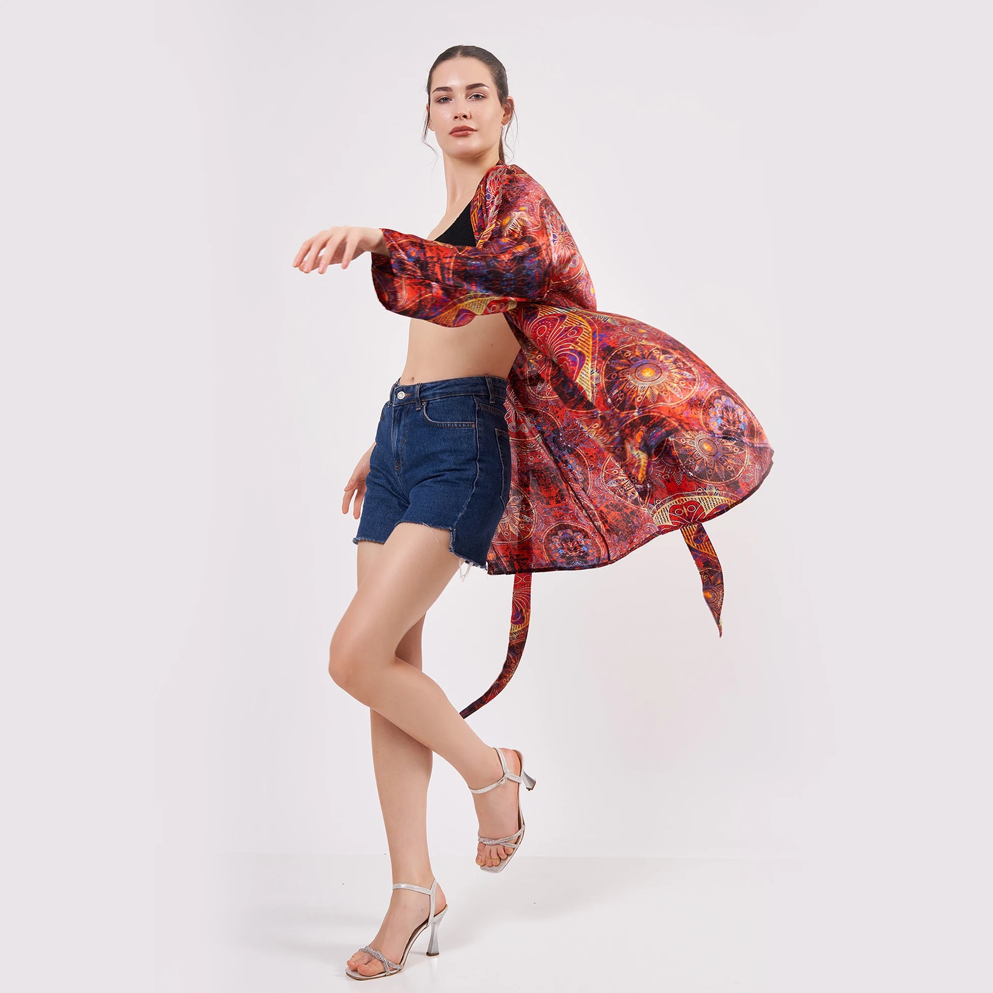 Saf İpek Kısa Kimono Kaftan | Mandala Desen Kırmızı | Nomads Felt