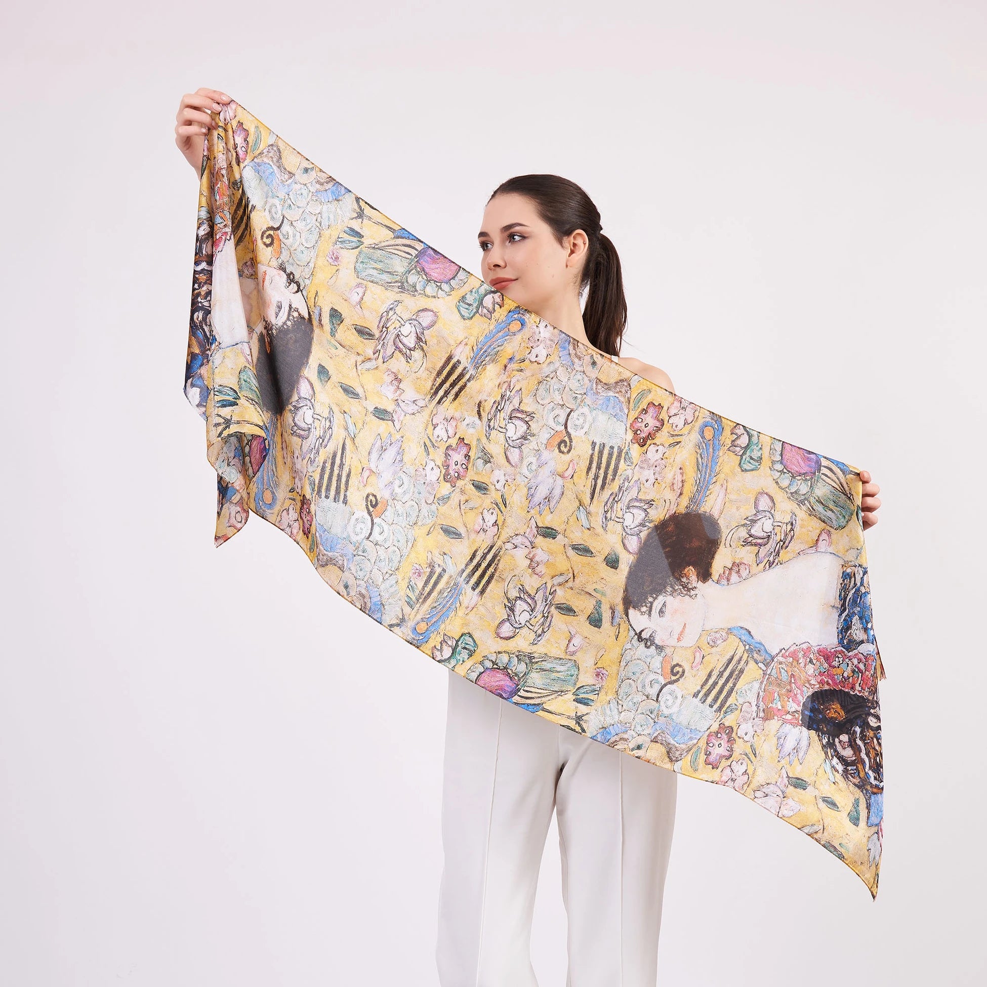 Vual İpek Fular | 55x180 cm | Gustav Klimt Lady with Fan Yelpazeli Kadın | Nomads Felt