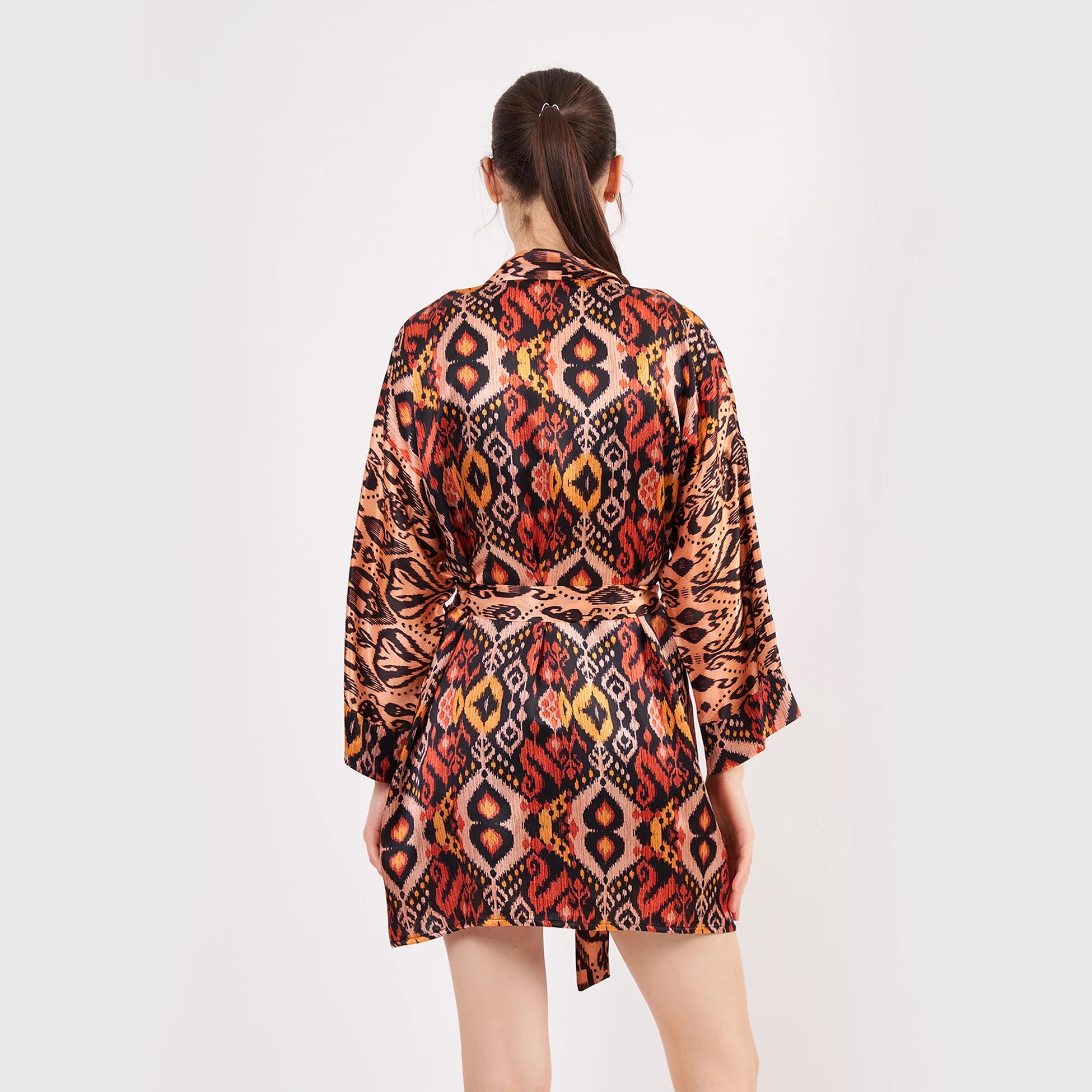 Saf İpek Kısa Kimono Kaftan | Ikat Desen 4 | Nomads Felt