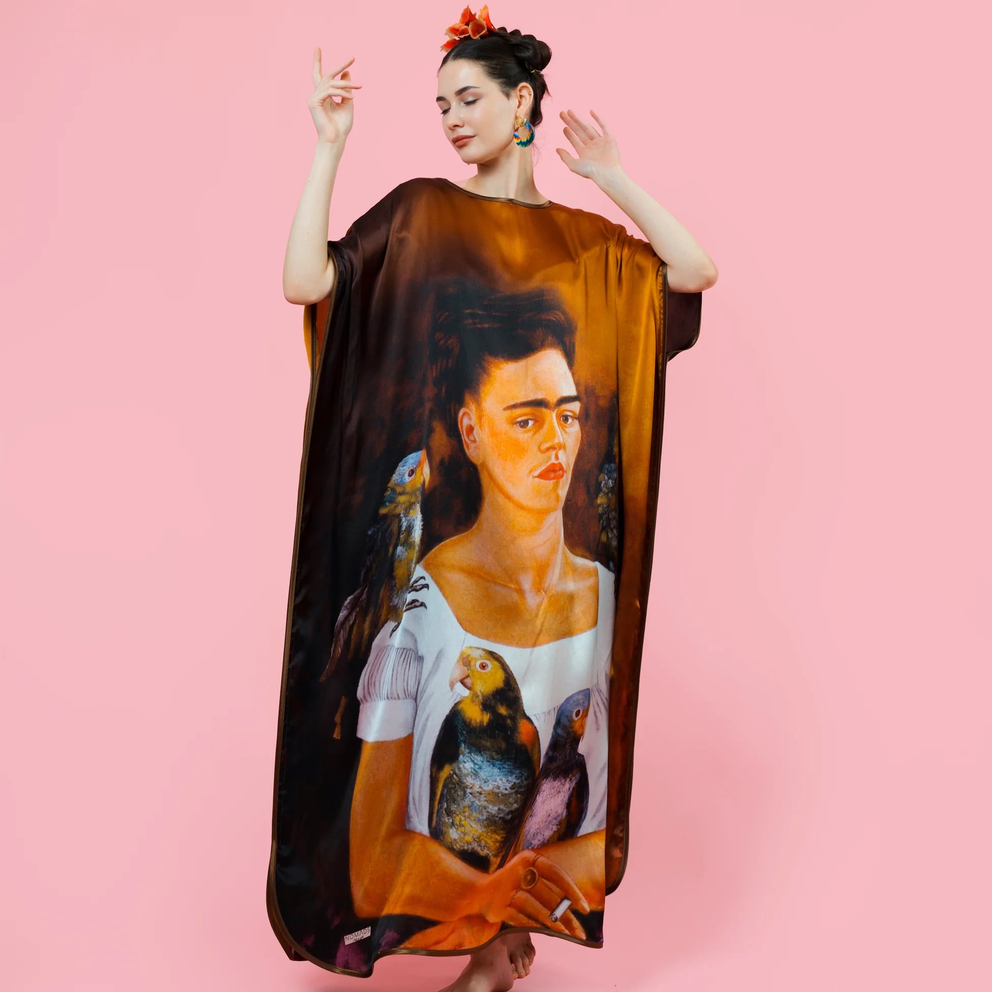 Kahverengi Bronz Frida Kahlo İpek Elbise