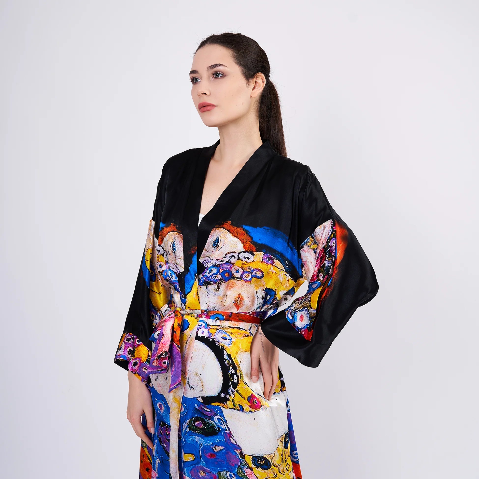 %100 İpek Uzun Kimono Kaftan | Gustav Klimt The Virgins | Nomads Felt
