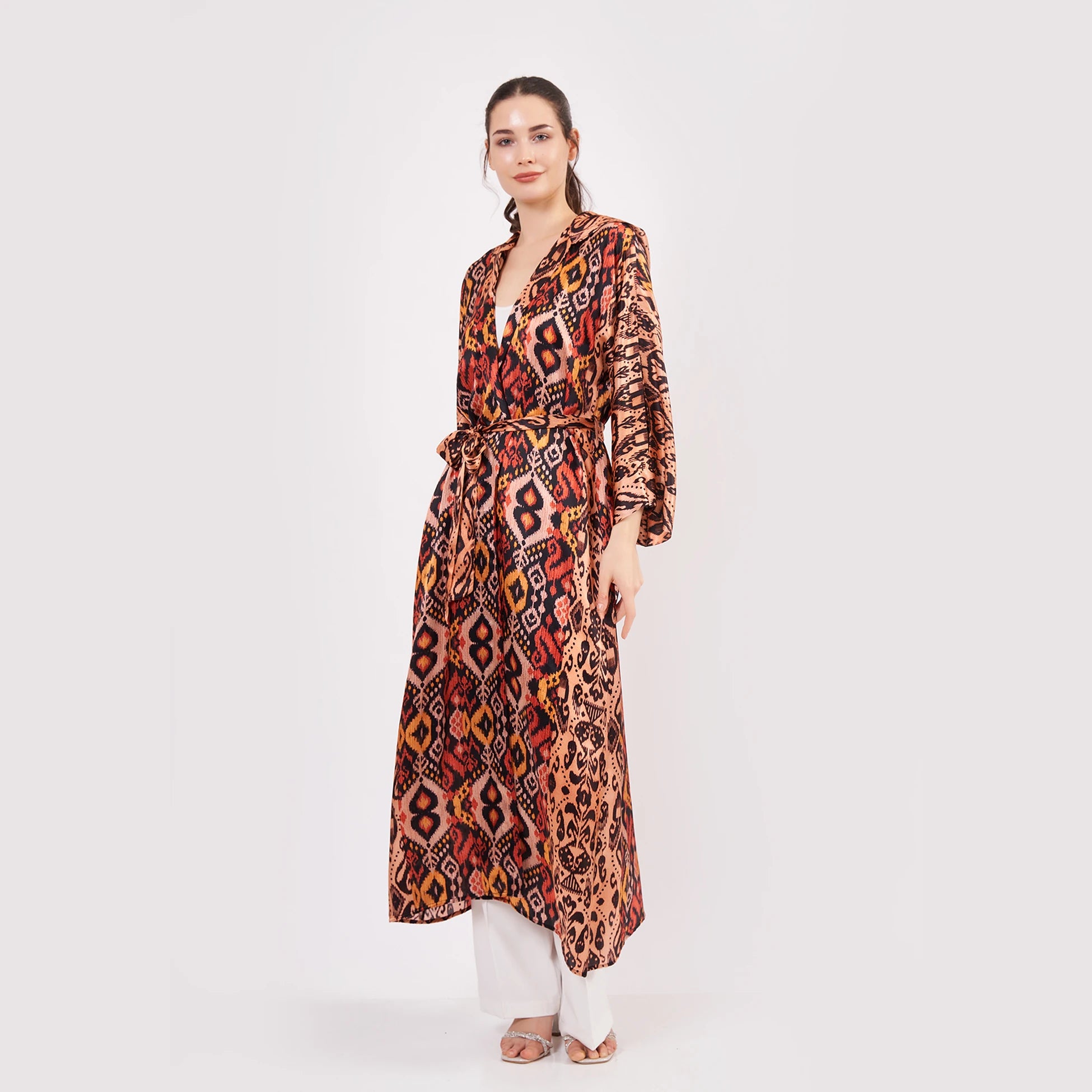 Saf İpek Kapüşonlu Kimono Kaftan İkat Desen 17 | Nomads Felt