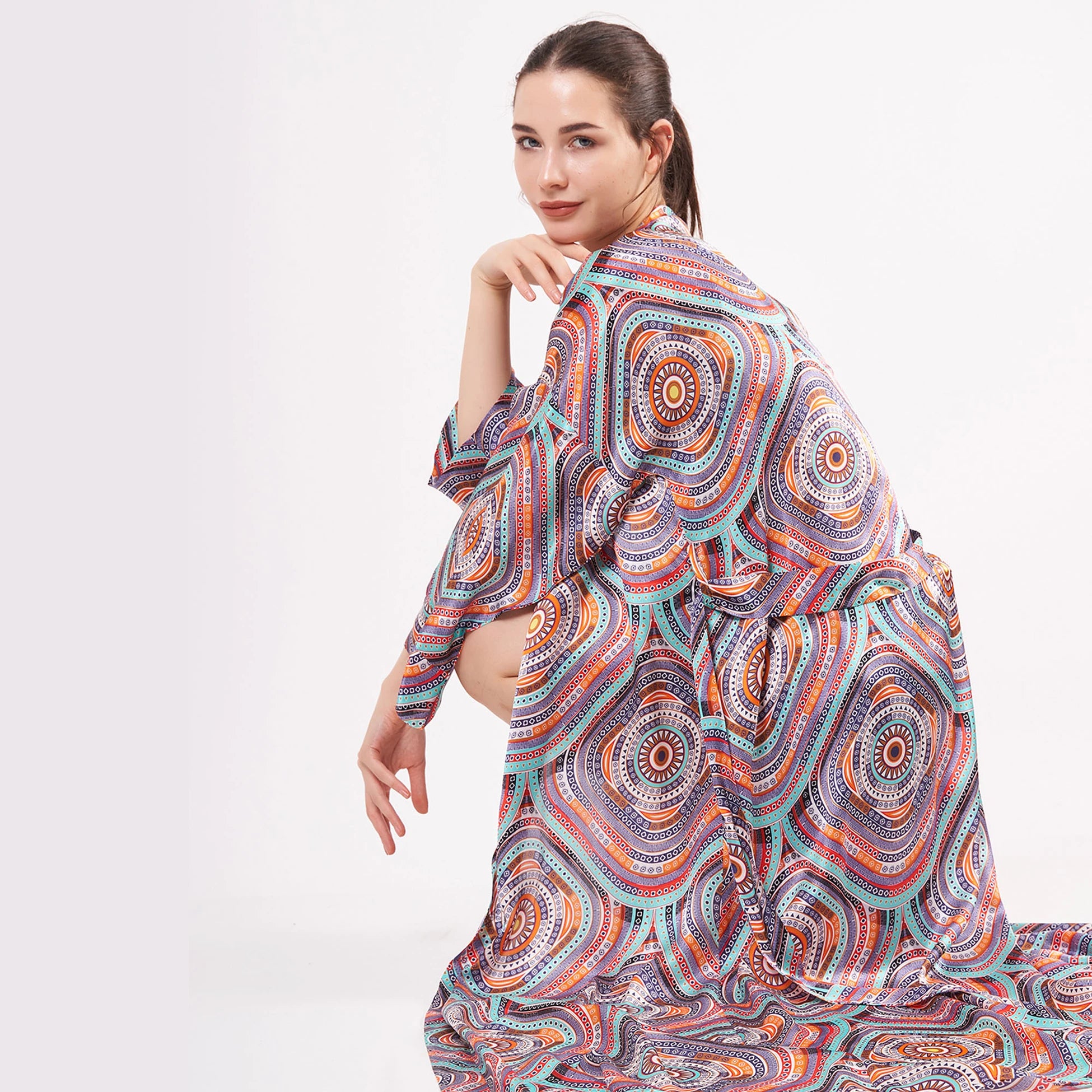 %100 İpek Uzun Kimono Kaftan | Mandala 2 | Nomads Felt