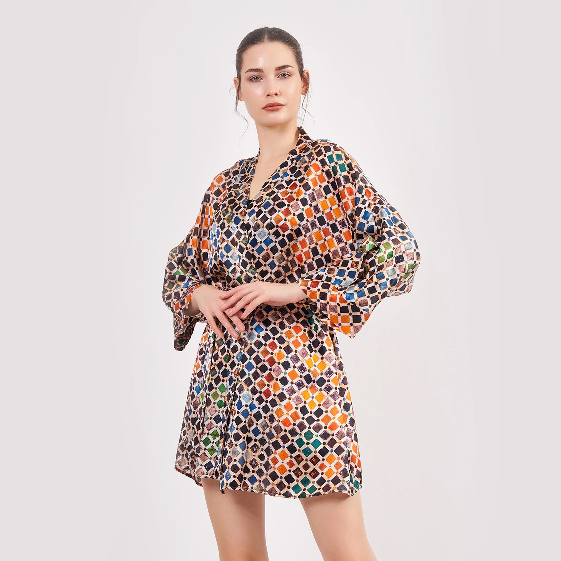 Saf İpek Kısa Kimono Kaftan | Elhamra Desen | Nomads Felt