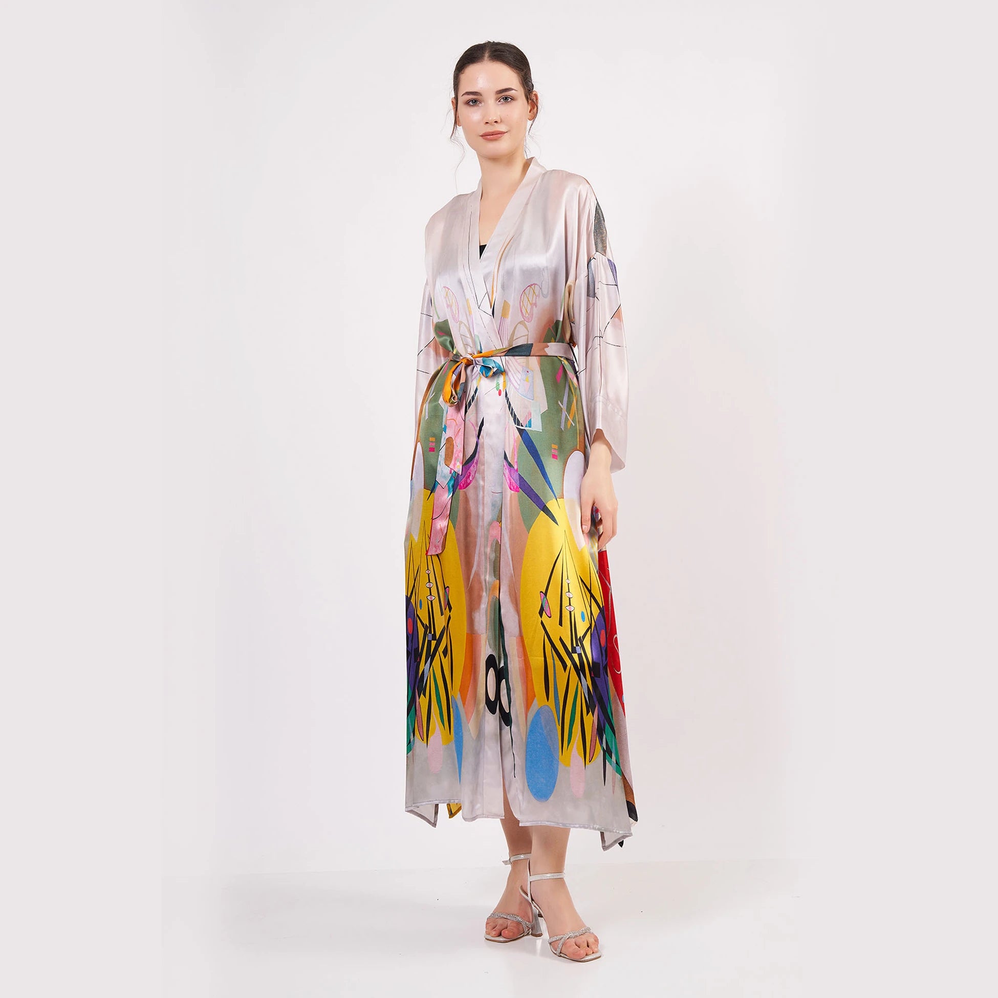 %100 İpek Uzun Kimono Kaftan | Kandinsky Dominant Curve | Nomads Felt