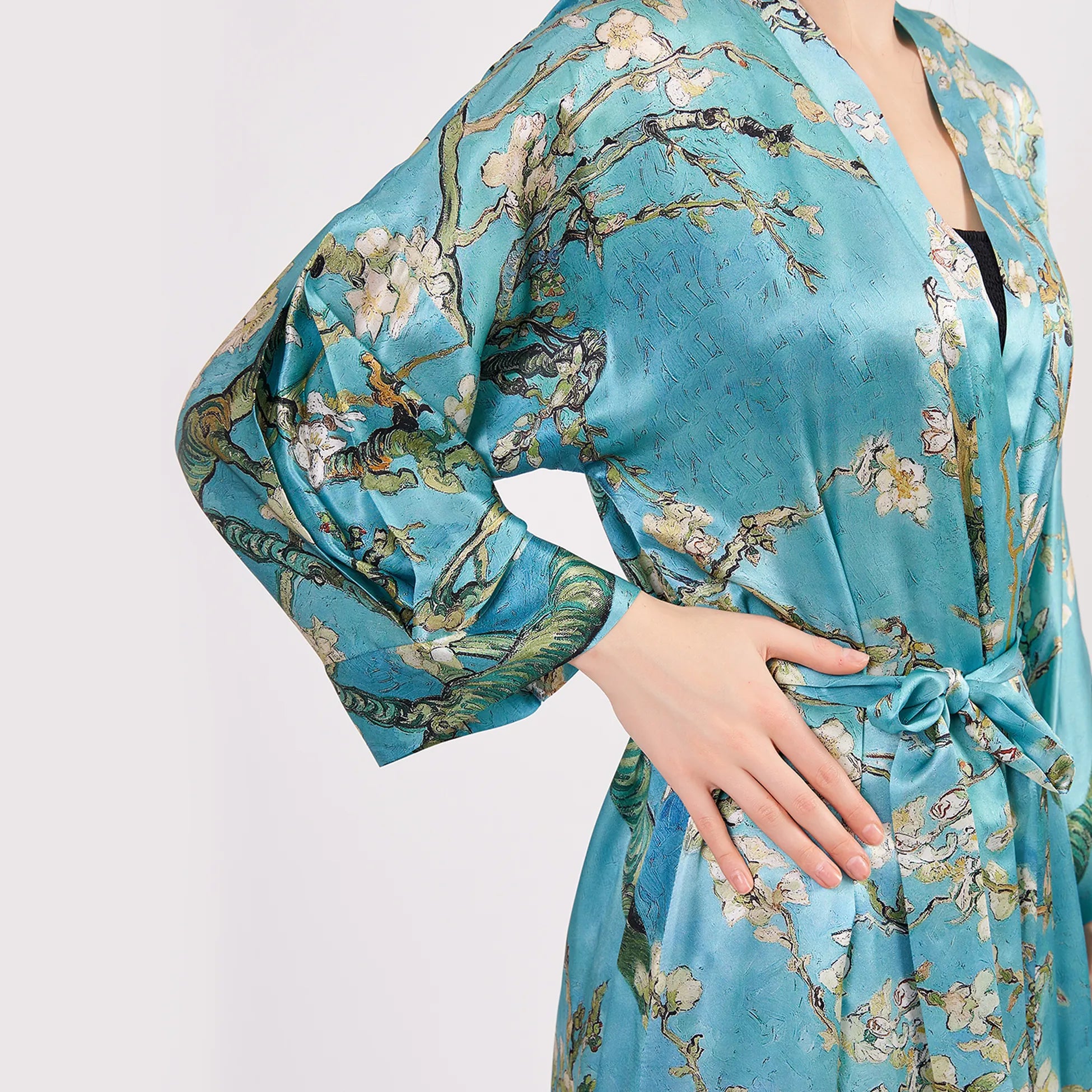 %100 İpek Uzun Kimono Kaftan | Turkuaz | Van Gogh Badem Ağacı | Nomads Felt
