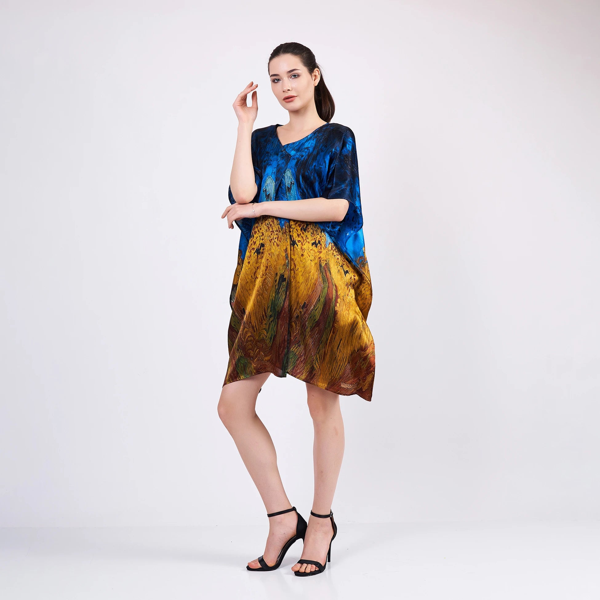 %100 İpek Kısa Kimono Pareo | Van Gogh Wheatfield with Crows | Nomads Felt