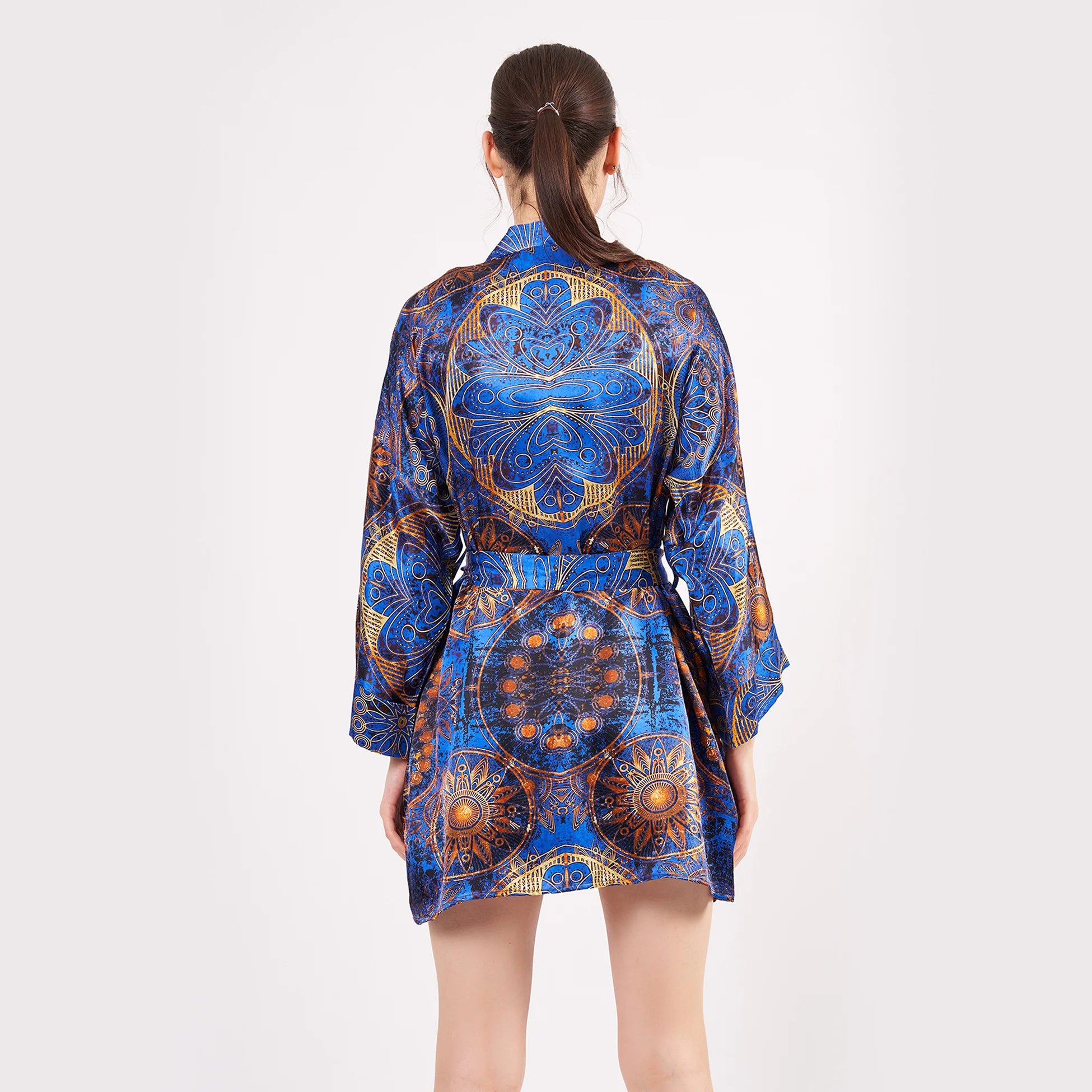 Saf İpek Kısa Kimono Kaftan | Mandala Desen 3 Saks Mavi | Nomads Felt