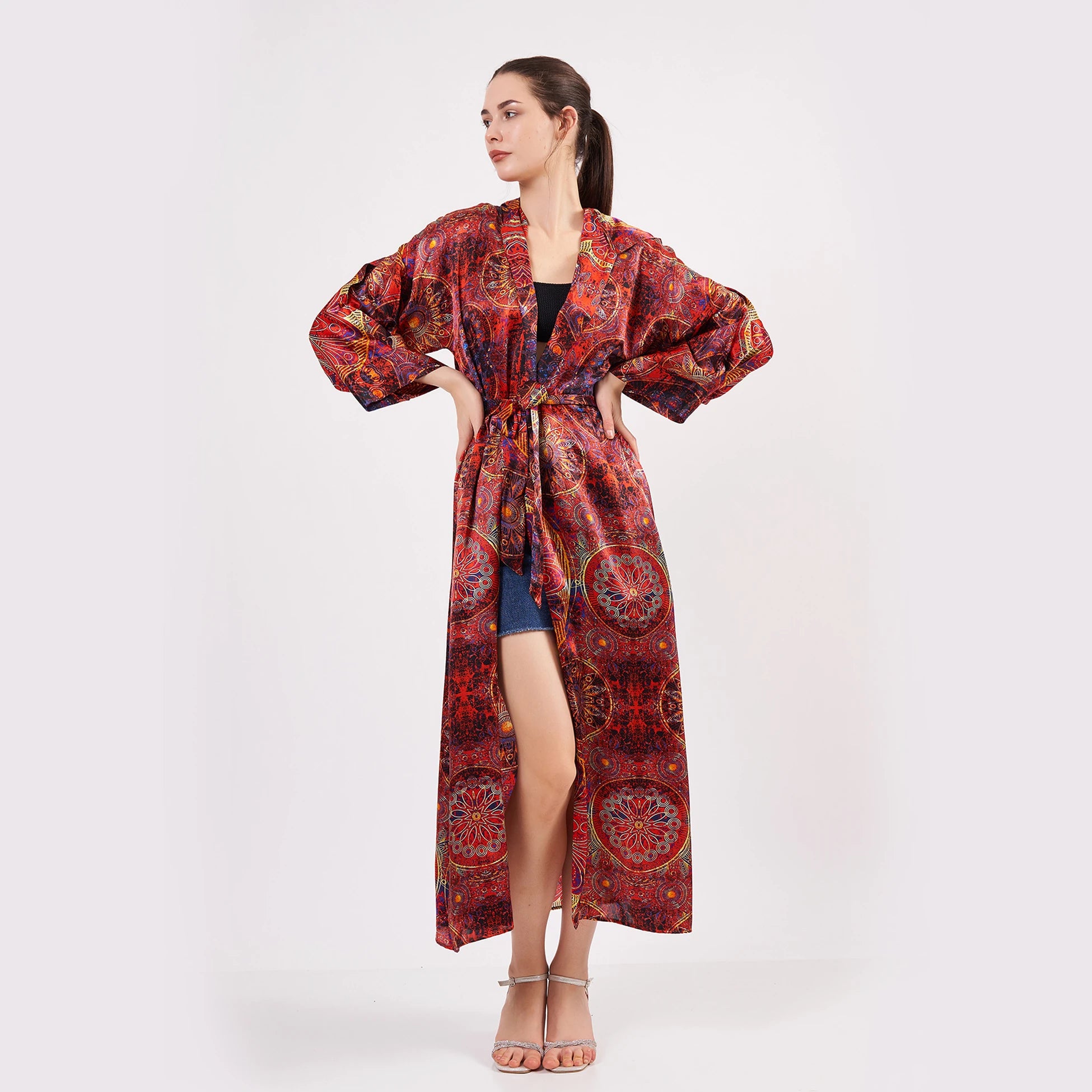 Saf İpek Kapüşonlu Kimono Kaftan | Mandala Desen Kırmızı | Nomads Felt