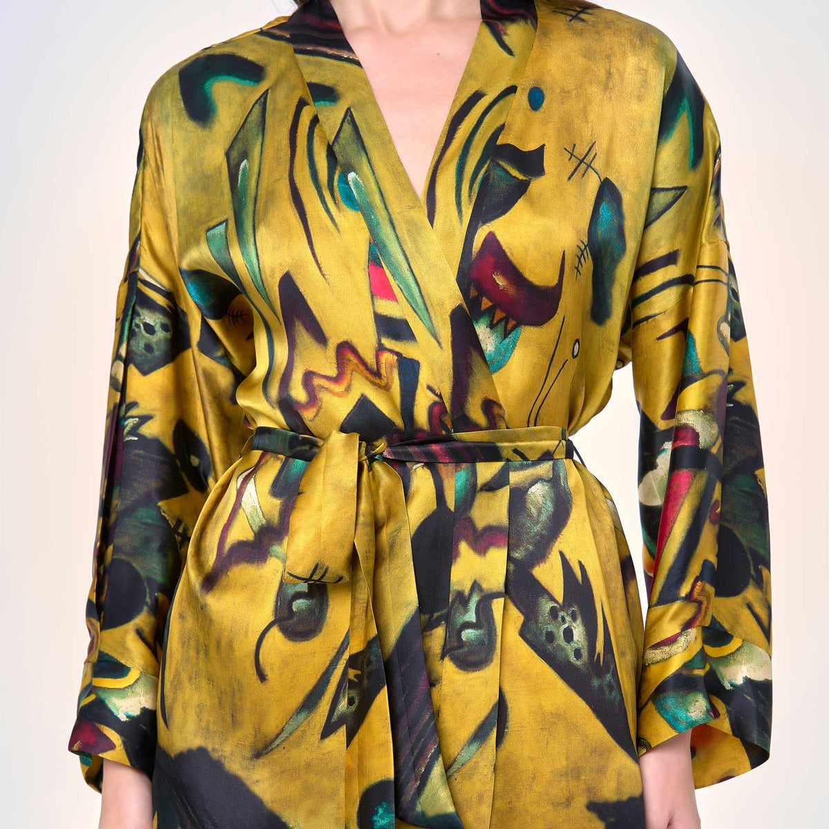%100 İpek Uzun Kimono Kaftan | Point And Line Desenli