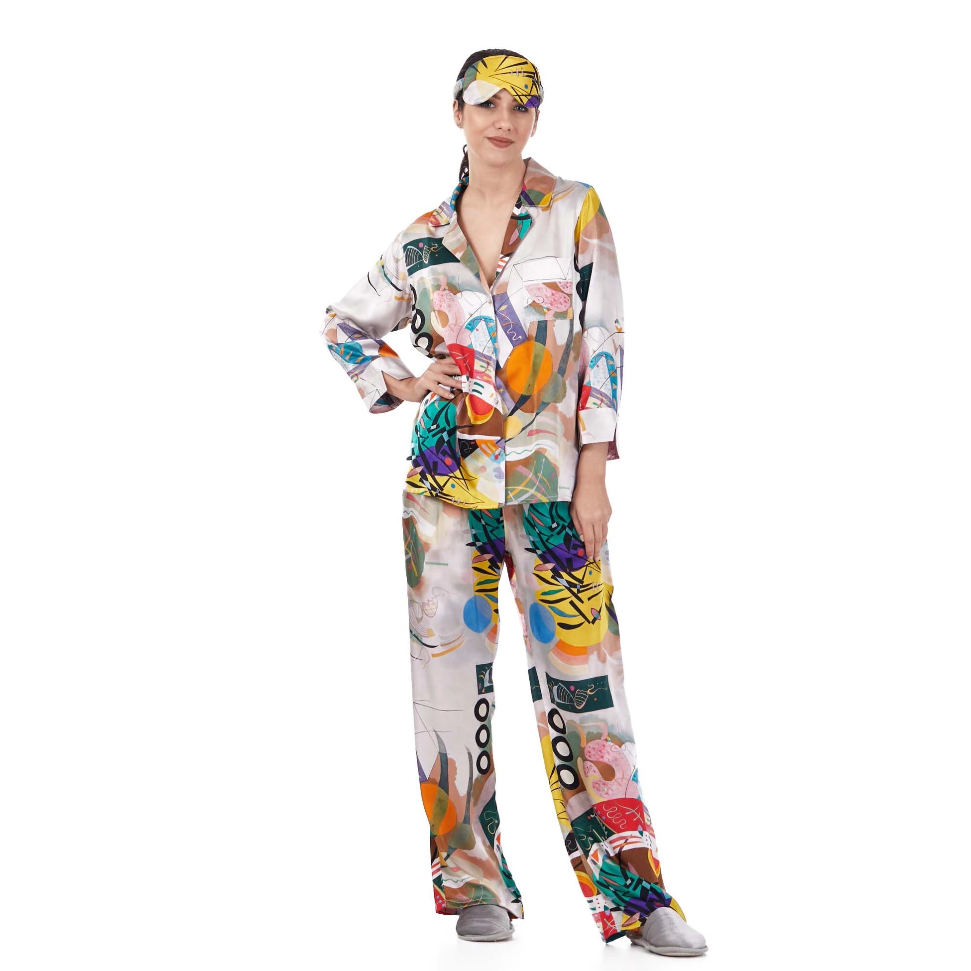 %100 İpek Gömlek-Pantolon-Pijama Takımı | Kandinsky Dominant Curve | Nomads Felt