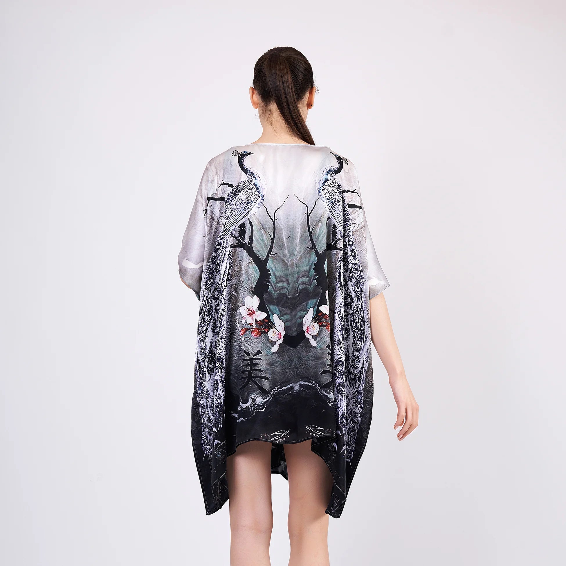 %100 İpek Kısa Kimono Pareo | Tavus Kuşu Desen | Nomads Felt