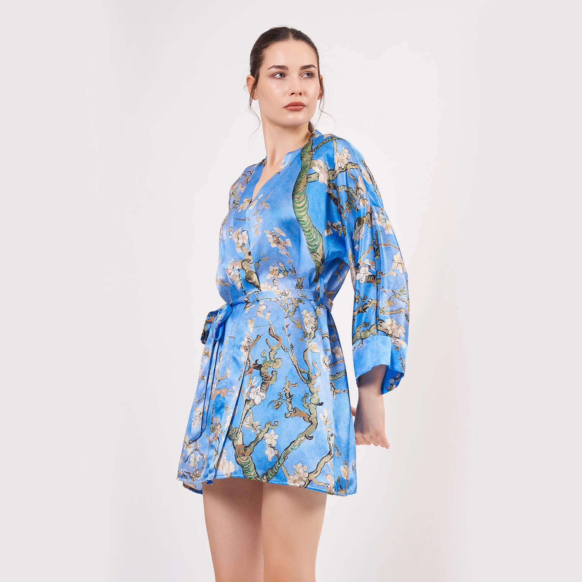 Saf İpek Kısa Kimono Kaftan | Van Gogh Badem Ağacı Mavi | Nomads Felt