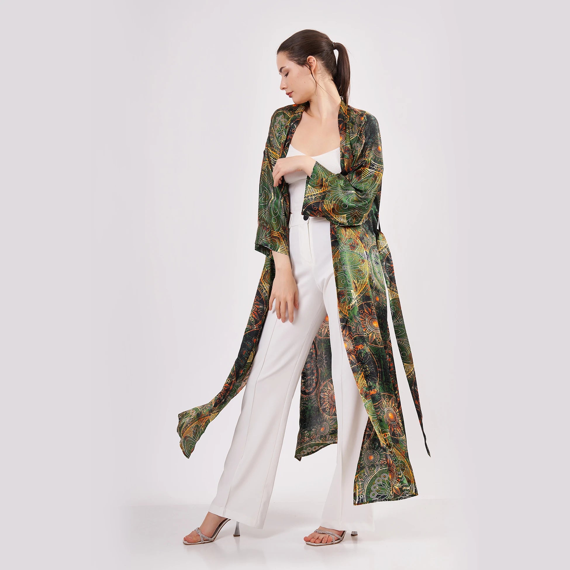 Saf İpek Kimono Kaftan | Mandala Desen | Haki