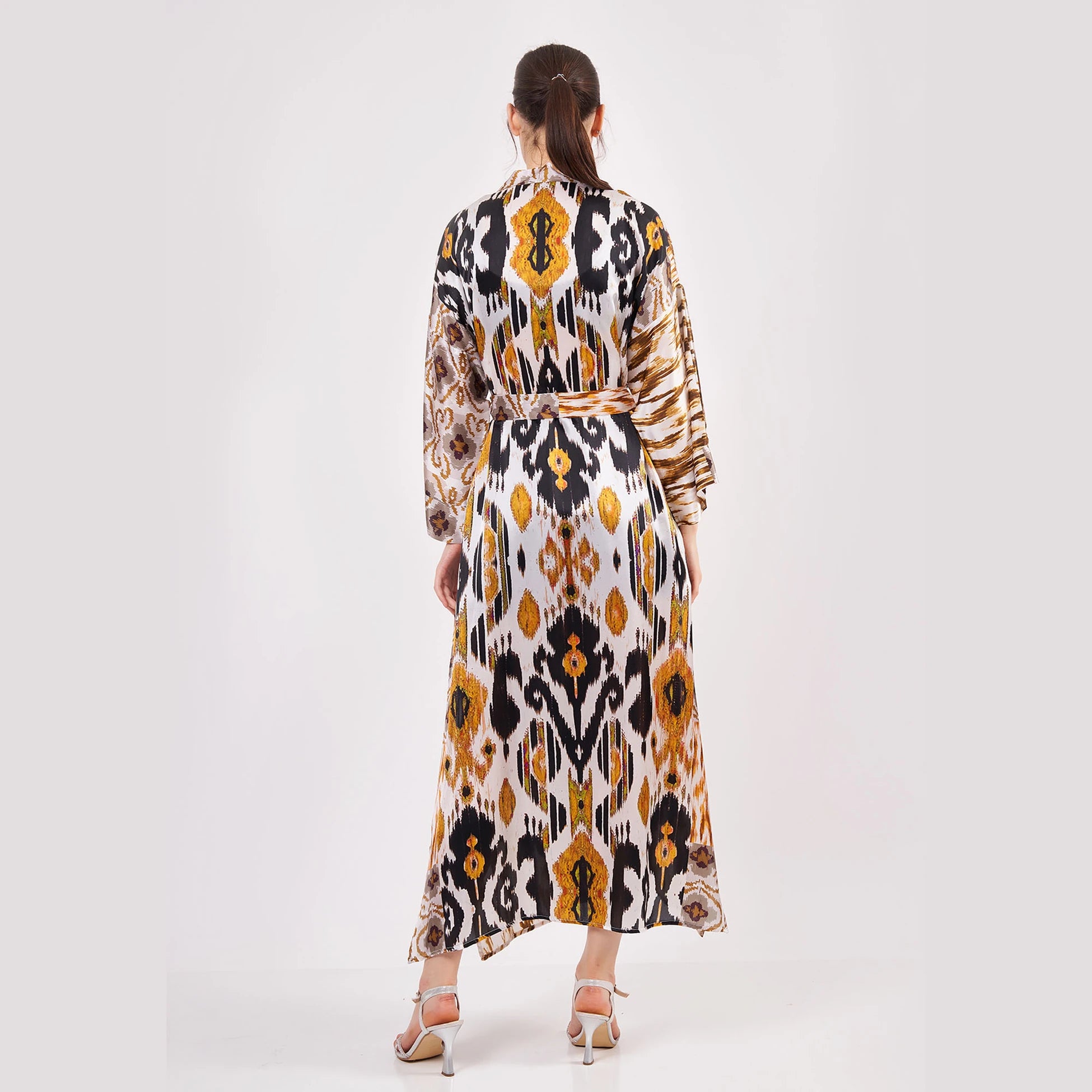 %100 İpek Uzun Kimono Kaftan | Ikat Desen 18 | Nomads Felt