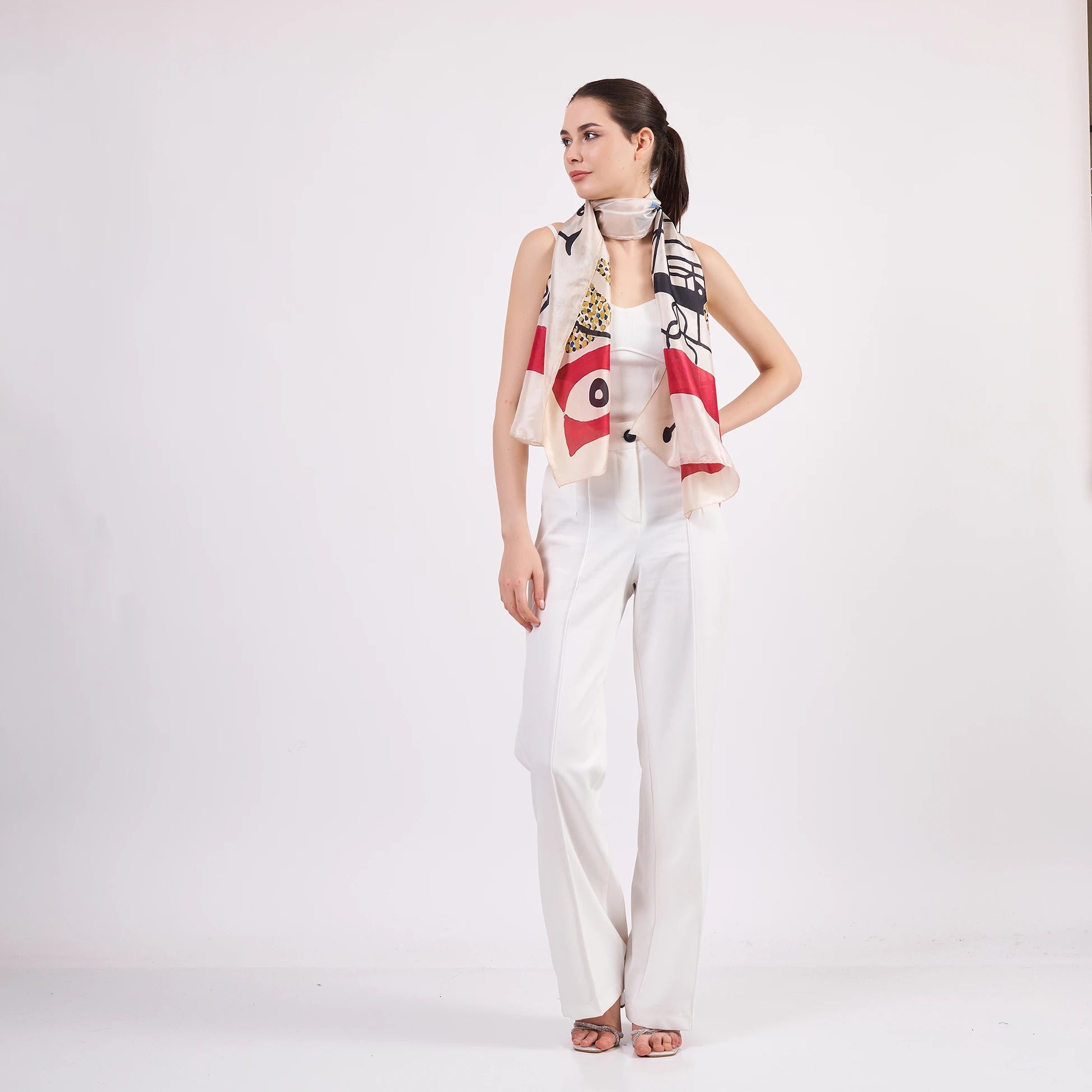 Vual İpek Fular | 55x180 cm | Ekru Desenli | Nomads Felt