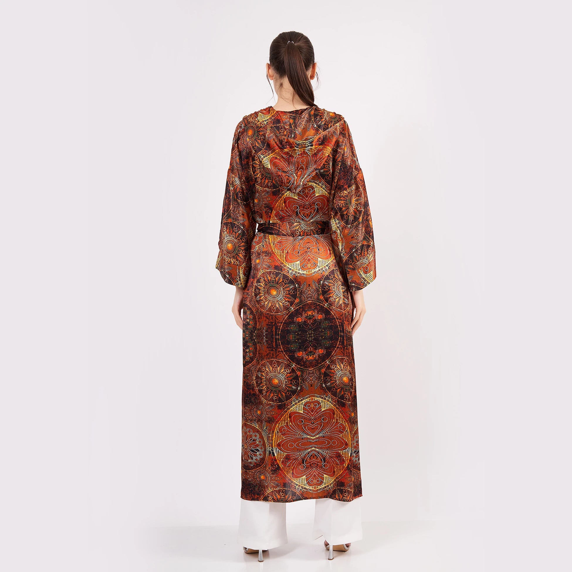 İpek Kapüşonlu Kimono Kaftan | Mandala Desen Kahverengi | Nomads Felt