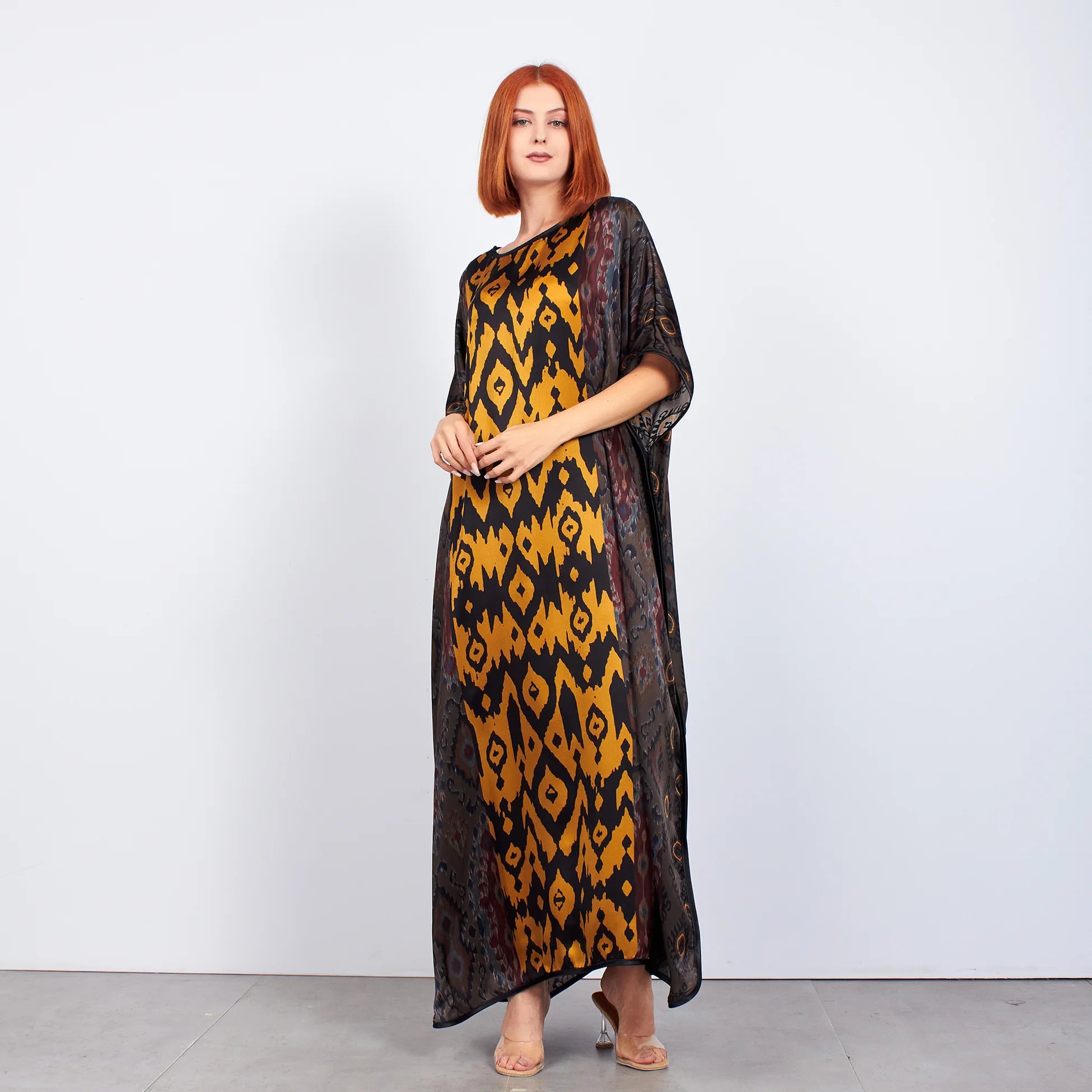%100 İpek Uzun Elbise | Siyah Gold Etnik İkat Desen | Nomads Felt
